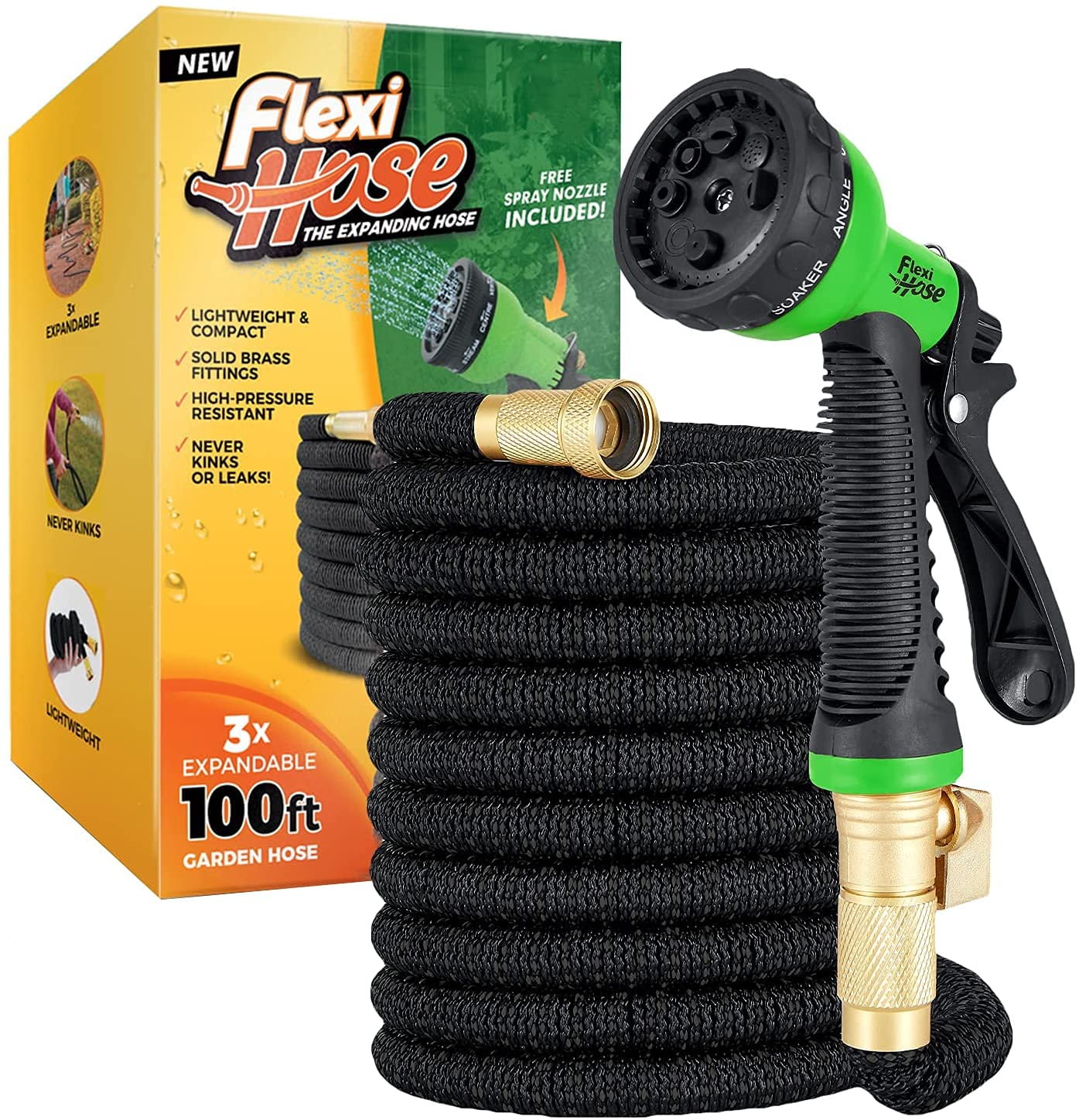 Tuyau d'arrosage extensible Flexi Hose Upgraded - ultra flexible/ne s'emmêle pas - raccords en laiton massif 2 cm - 8 modes d'arrosage - noir - 30 m