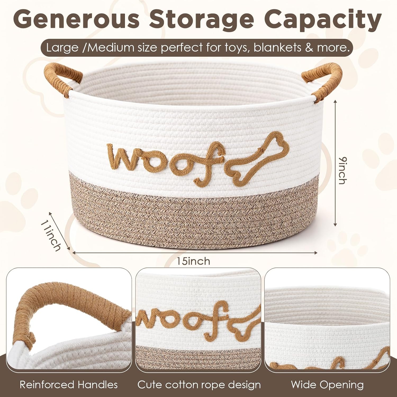 Zhehao Dog Toy Basket - 15 x 11 x 9 in Woven Dog Toy Bin with Handles, Large Cotton Rope Pet Storage Box with Woof Bone Embroidery, White & Beige Home Decor (White Flaxen)