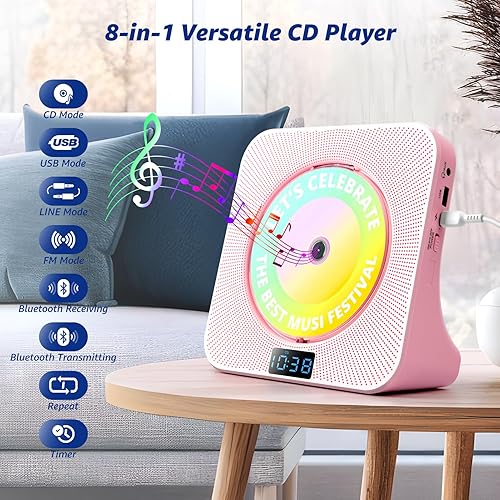 Miniatura 8 de Reproductor de CD de escritorio con altavoces, reproductores de CD ROADOM para el hogar, reproductor de CD portátil con sonido estéreo Bluetooth de