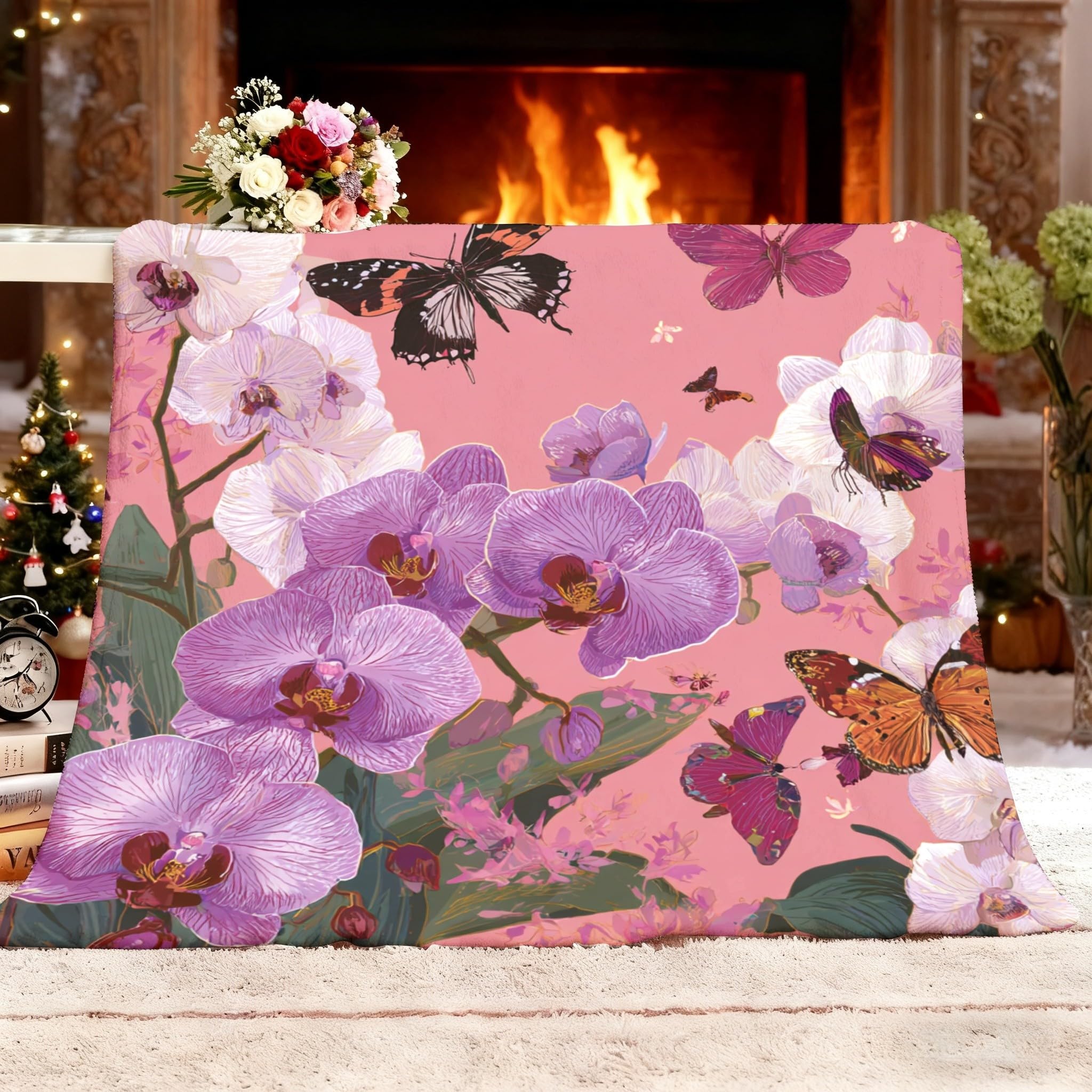 Plaid polaire 150x200 cm rose motif fleurs et papillons pour canapé et lit