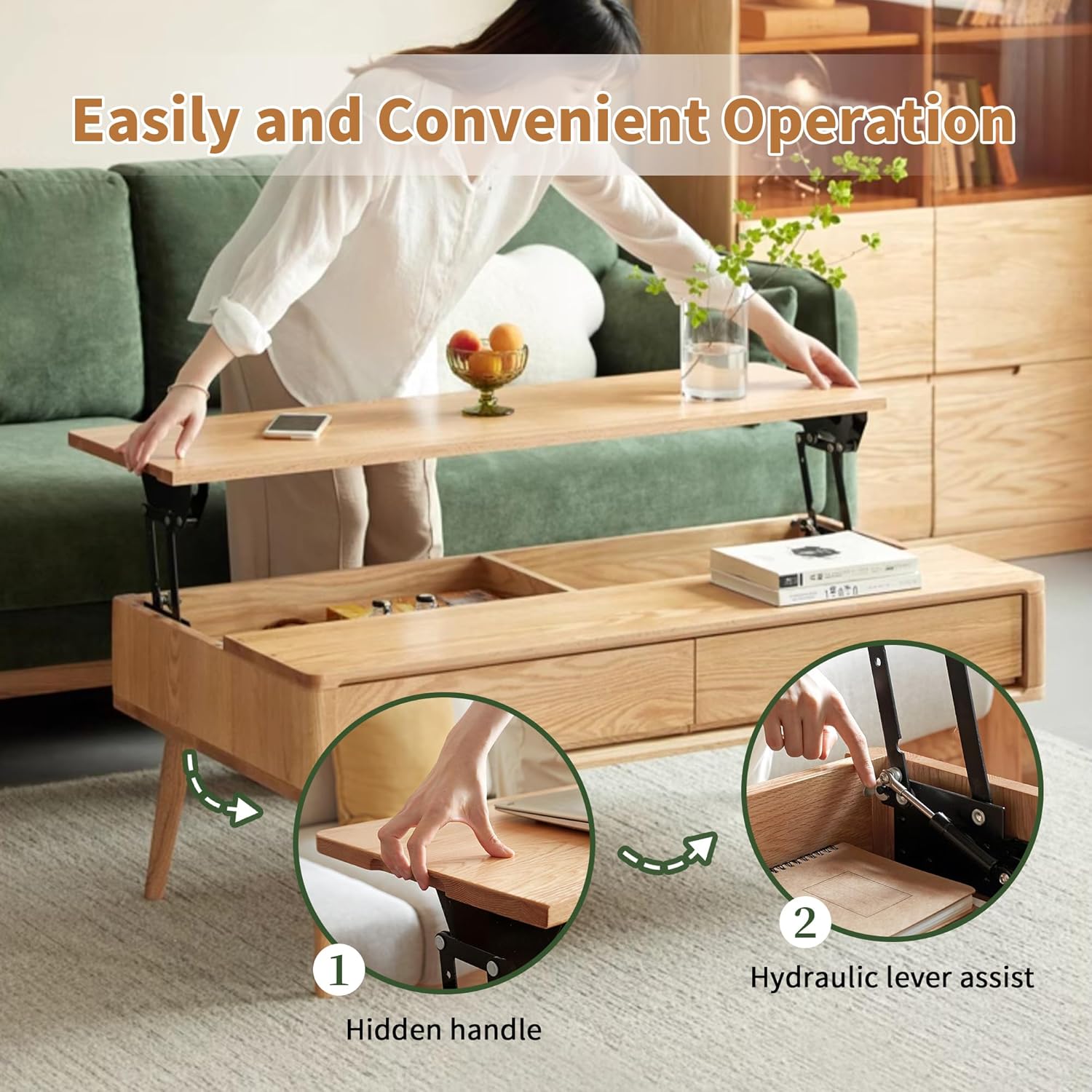 Wood Lift Top Coffee Table, 100% Solid Oak Wood Small Rising Dining Center Tables with Storage Shelf and Hidden Compartment for Living Room 48D x 26W x 26H