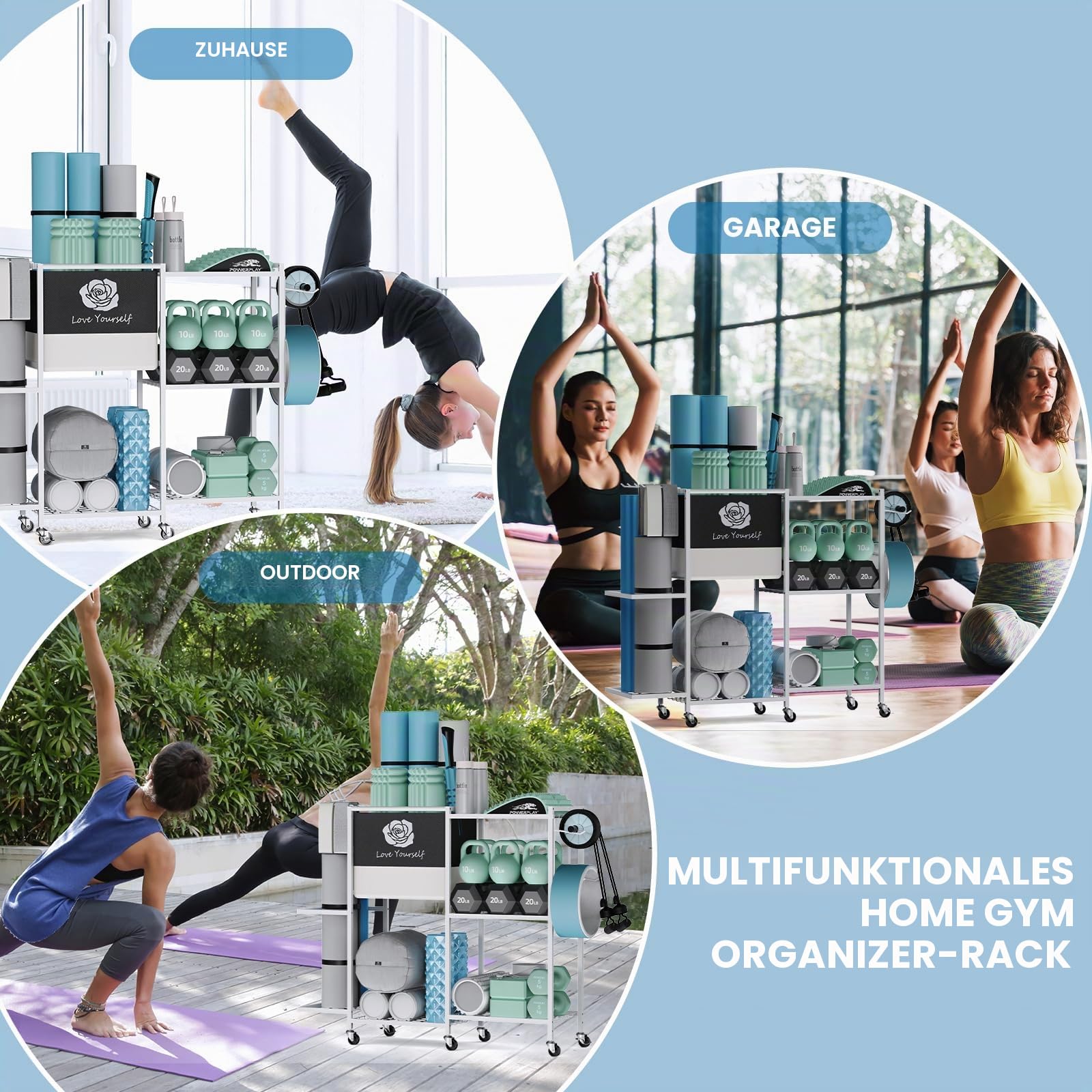 Aufbewahrungsregal für Yogamatte, Heim-Fitnessstudio, Workout-Ausrüstung, Organizer, Fitness-Gewichtsregal auf Rädern für Yogamatte, Yoga-Block, Schaumstoffrolle, Widerstandsband, Hantel, Kugelhantel