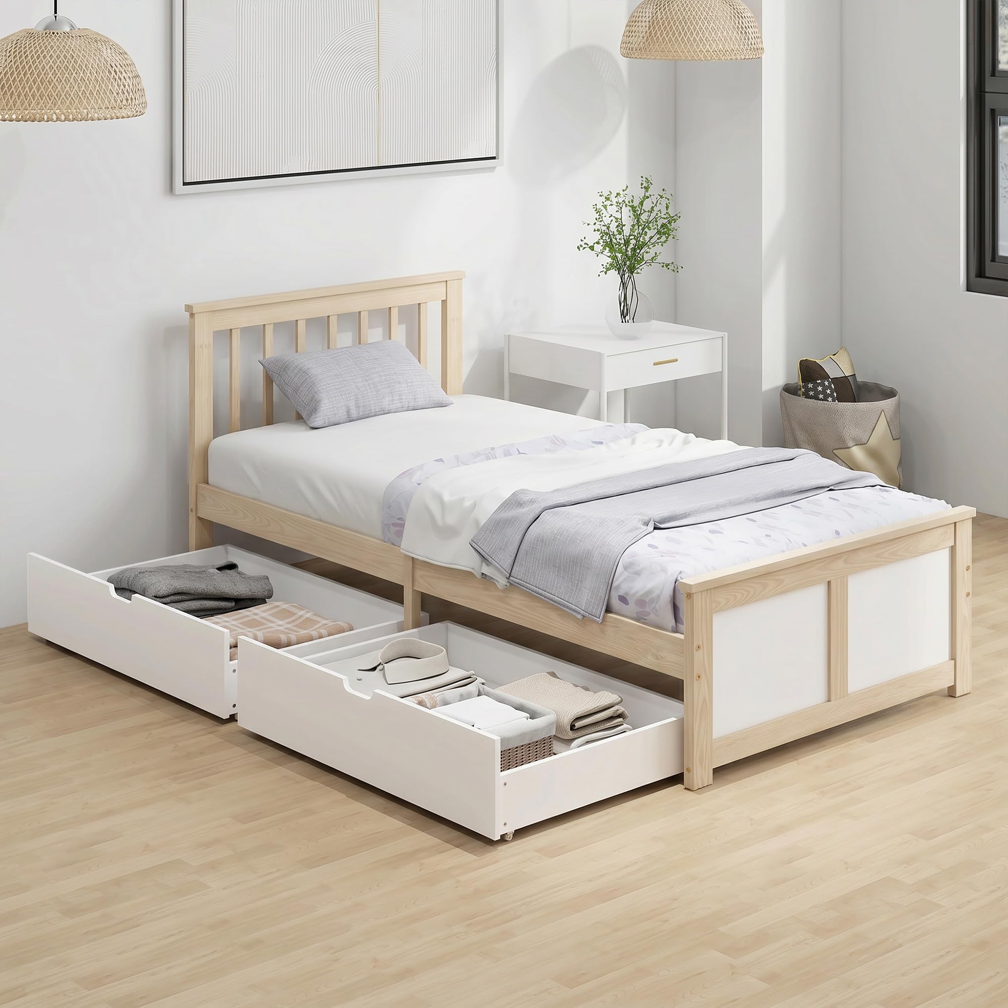 HOMCOM 3ft Single Solid Wooden Bed Frame 90 x 190 cm Natural Wood Finish