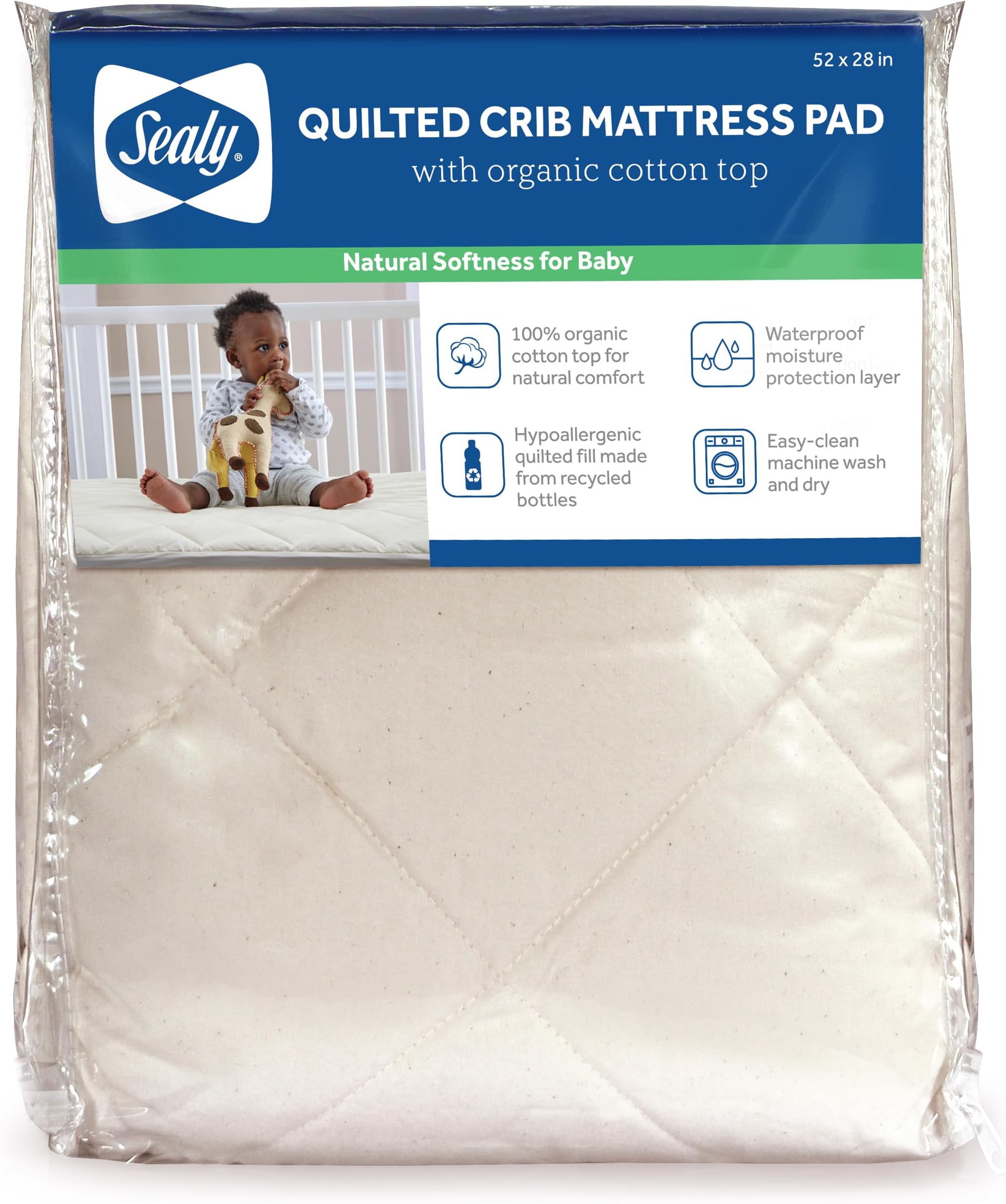 Sealy Baby Quilted Organic Cotton Top Breathable Fitted Waterproof Infant Crib Mattress Protector Pad and Toddler Bed Cover, Durable and Comfortable Topper, Machine Washable, 52” x 28”- Cream