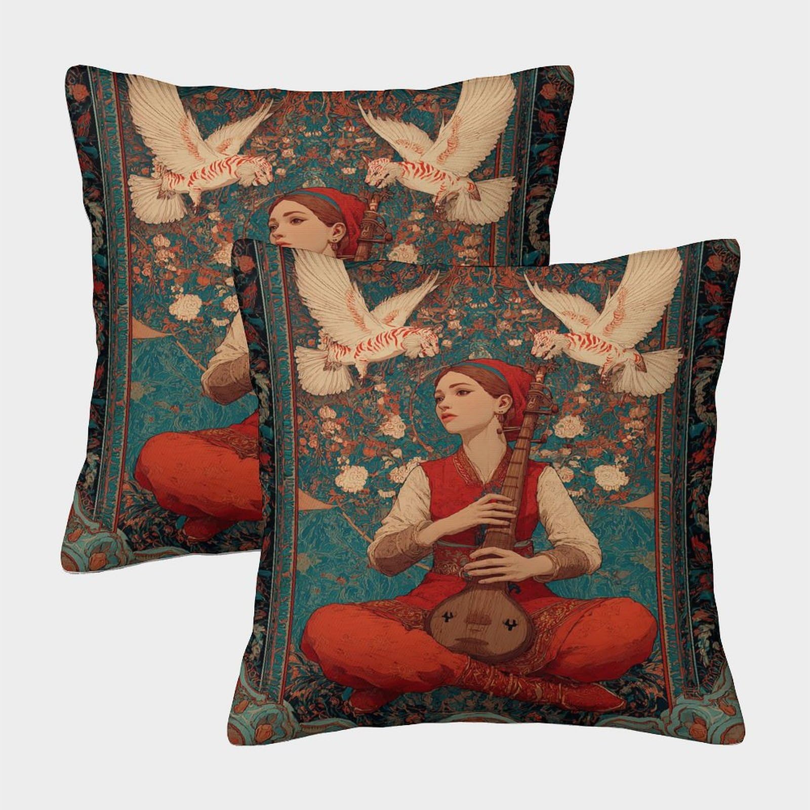 kaiyun 2 Pack The Woman Holds The Musical Instrument in Both Hands Pillow Case Home Decoration Sofa Cushion Cover 50x50cm