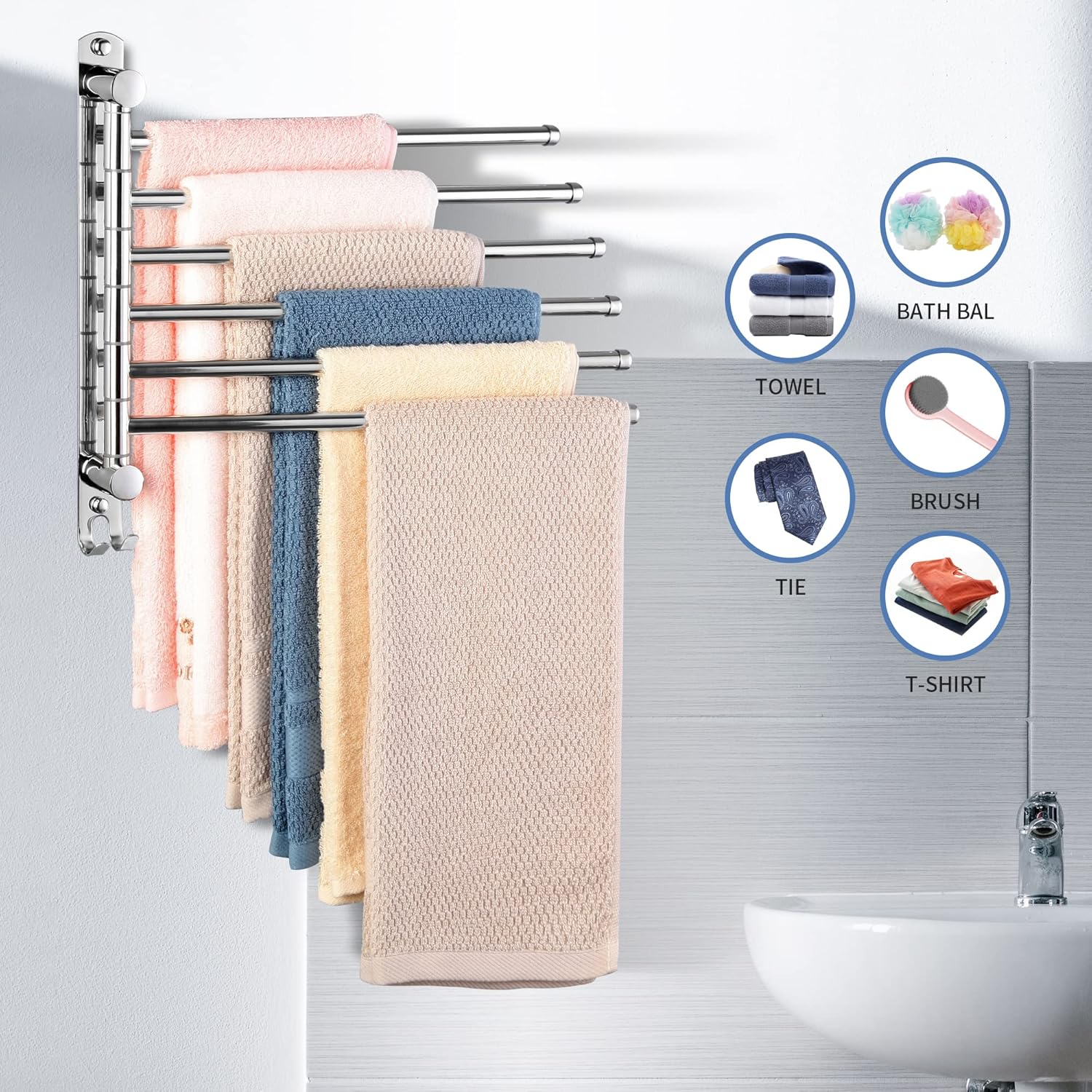 Swivel Towel Rack, 12.6 Inch Towel Bar with Wall Mounted 180° Rotation, 6 Arms Towel Hanger SUS 304 Stainless Steel, Space Saving for Kitchen, Bathroom, Outdoor, Mirror Polish