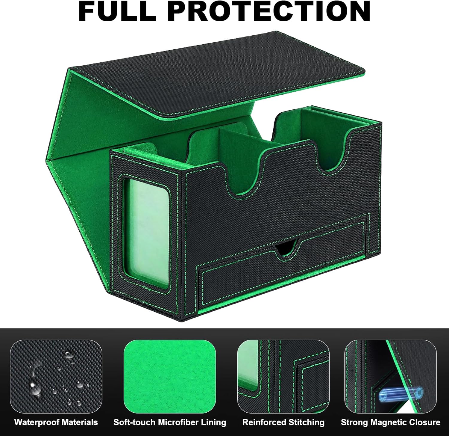 Card Deck Box for MTG Commander, Deck Display Case Holds 200+ Double-Sleeved Cards, 35pt Card Brick & Dice Tray, Storage Box For TCG CCG Sports, Black&Green