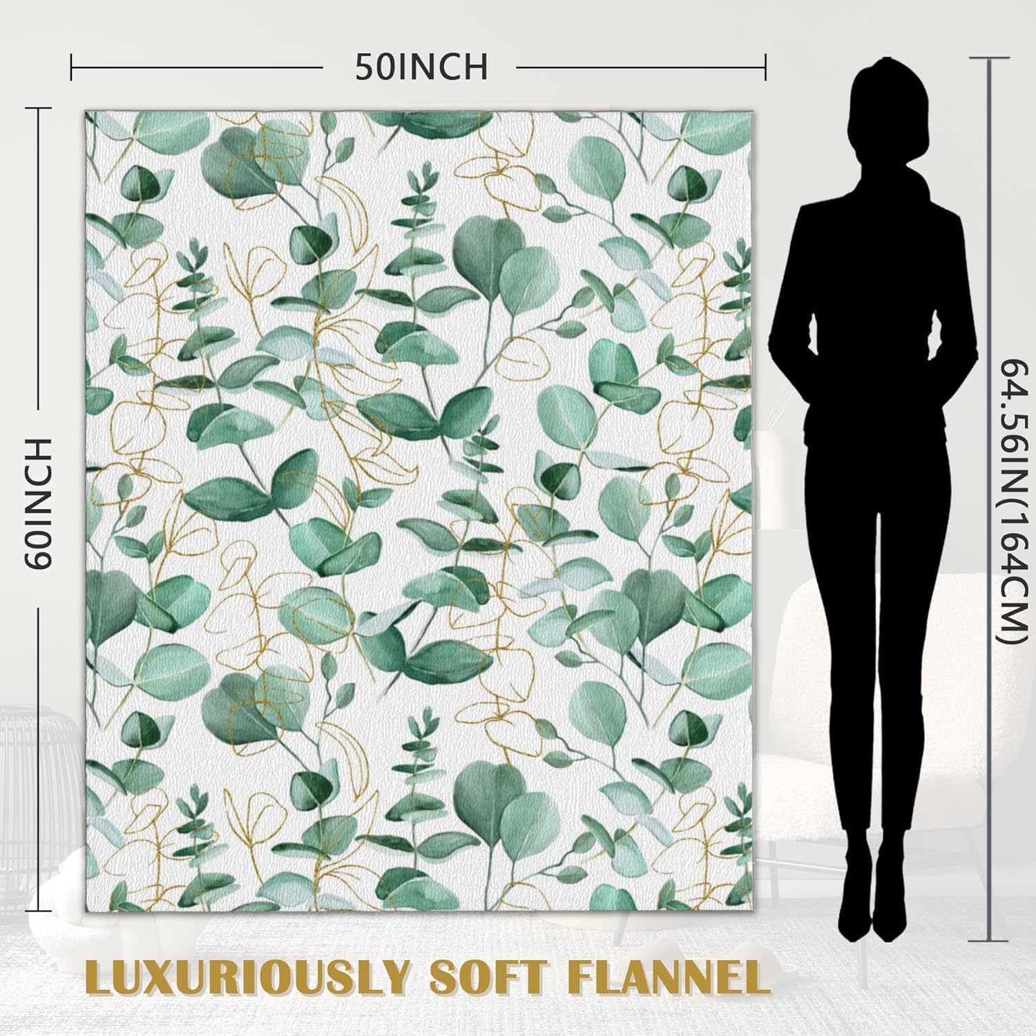 Sage Green Plants Blanket, Botanical Soft Lightweight Throw Blanket for Sofa Couch Bed Room 50x60 inch