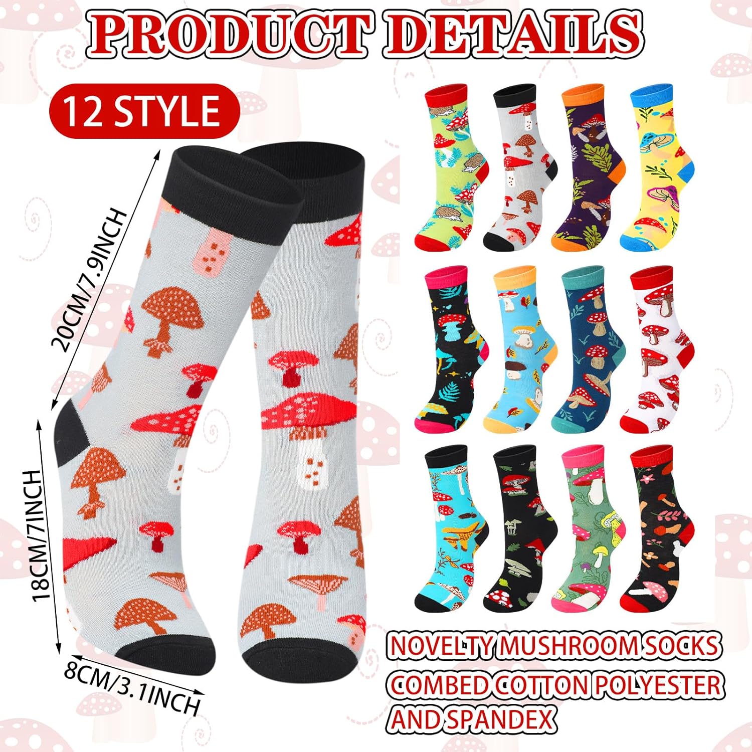 12 Pairs Funny Mushroom Socks Funny Novelty Crew Socks Gifts for Nature Mushroom Lovers Gift Mushroom Stuff Christmas Gifts for Women Men - Image 3