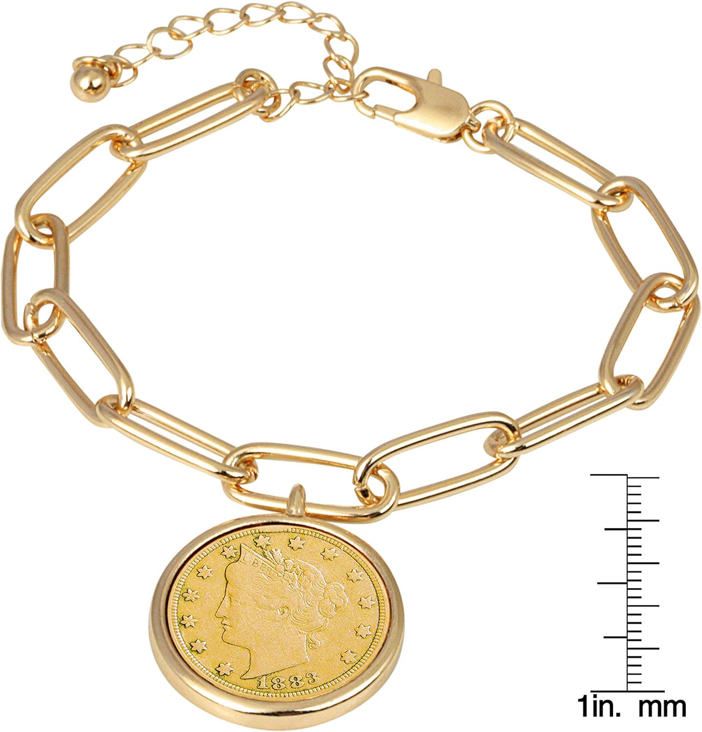 American Coin Treasures Liberty Nickel Gold-Layered Coin Elongated Link Bracelet | Goldtone Clip Style | 7 Inch 3 Inch Extender with Lobster Claw Clasp | Certificate of Authenticity - Image 4