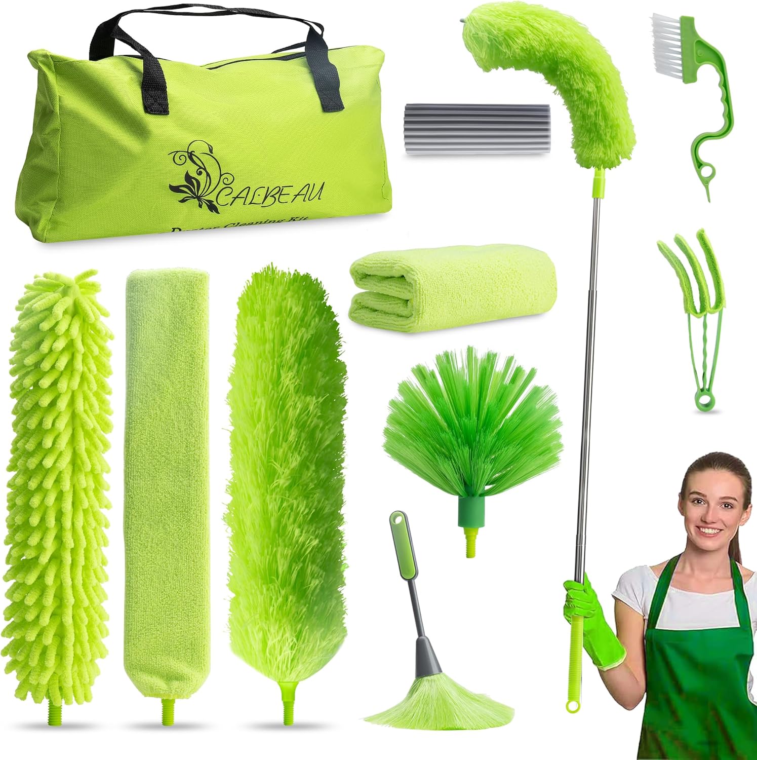 Microfiber Duster with Extension Pole 30 to 100'', Bendable Reusable Washable Feather Dusters for Cleaning High Ceiling Fan, Cobweb, Blinds, Keyboard, Furniture & Cars, Green Gift for Women (11 PCS)
