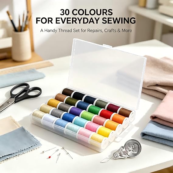 30 Colours Sewing Thread Set, 50 Yards Each, 30 Spools Polyester Thread with Needle Threader, Sewing Thread for Hand & Machine Sewing, Clothes Repair, Embroidery, Quilting & Crafts