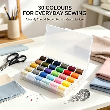 30 Colours Sewing Thread Set, 50 Yards Each, 30 Spools Polyester Thread with Needle Threader, Sewing Thread for Hand & Machine Sewing, Clothes Repair, Embroidery, Quilting & Crafts