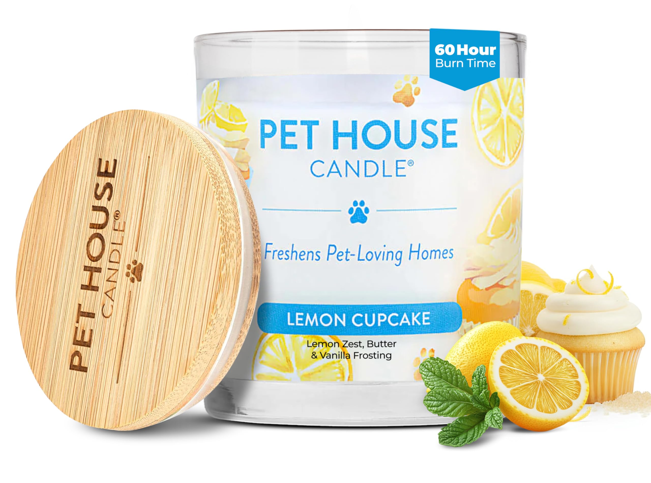 Pet House Candles, Clean Long-Lasting Pet Odor Candles for Home, Plant-Based, 60 Hour Burn Time - Lemon Cupcake, 9 oz