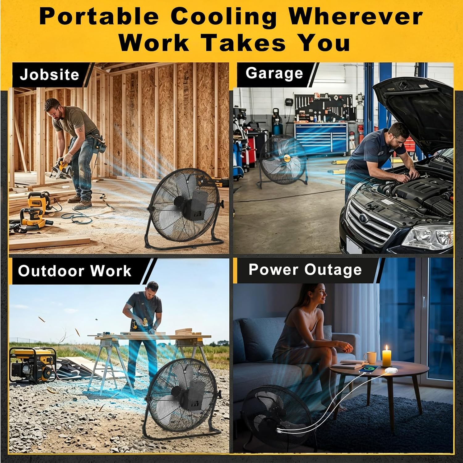16" Battery Operated Floor Fan Compatible with dewalt 20V Max Battery, Portable Cordless Fan with AC Adapter, USB and Type-C Charging, Stepless Speed Fans for Jobsite Garage(No Battery)