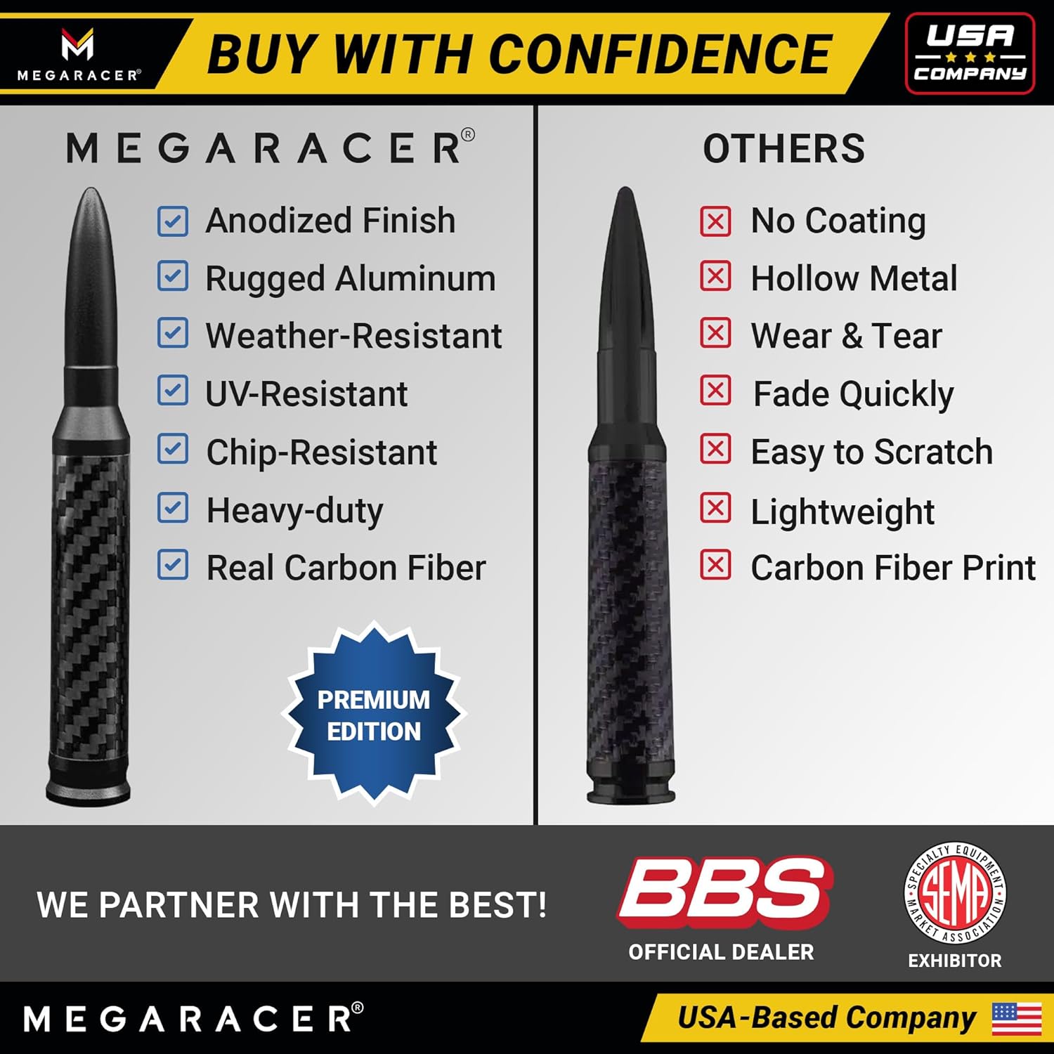 Anodized Carbon Fiber 50 Cal Bullet Antenna for Truck - Fits Ford F150 F250 Bronco RAM 1500 Chevy Silverado GMC Sierra Tundra Tacoma - UV & Chip Resistant, Car Wash Safe, Short Replacement, Black