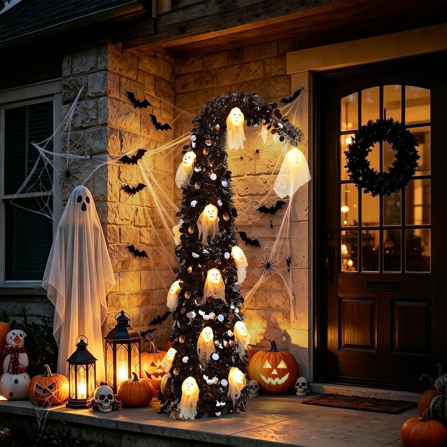 5FT Black Christmas Halloween Tree with Ghost Skull Lights Pop Up Tinsel