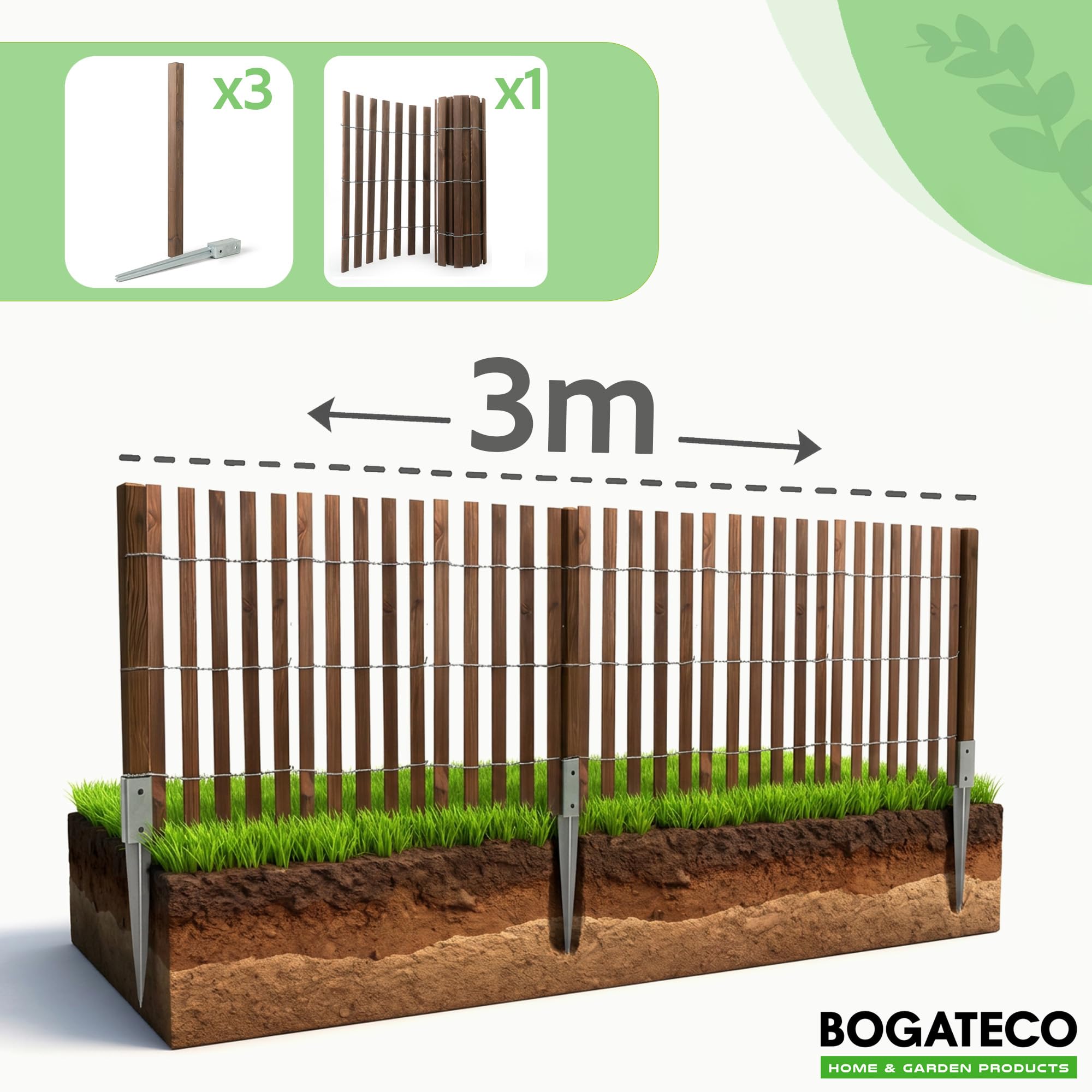 BOGATECO Postes de madera impregnada, 120 x 5 x 5 cm, juego de 6 postes cuadrados con cabeza plana con casquillo para el suelo, madera cantada, madera marrón oscuro