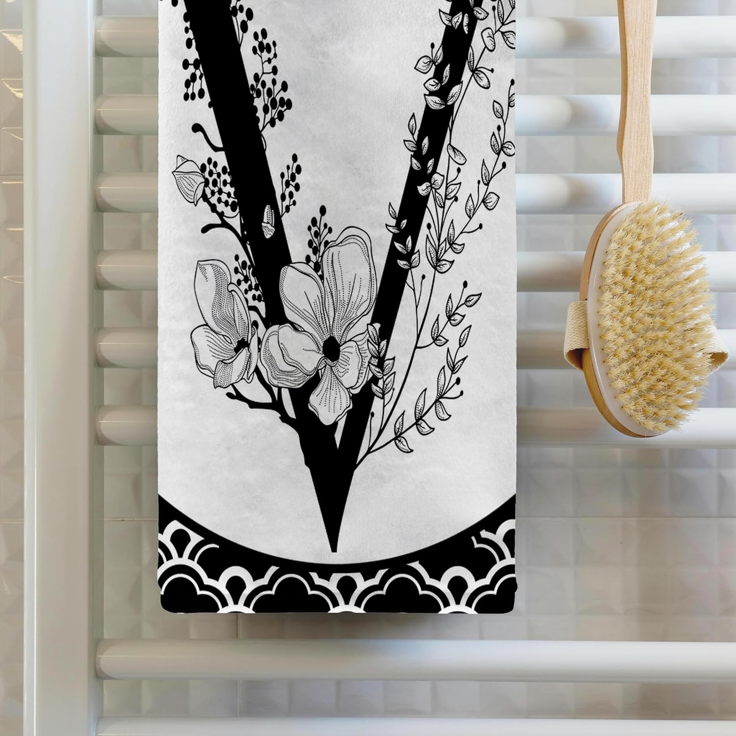3dRose Black and White Floral Monogram V On Fancy Scallops 22x30 Bath Hand Pool Towel