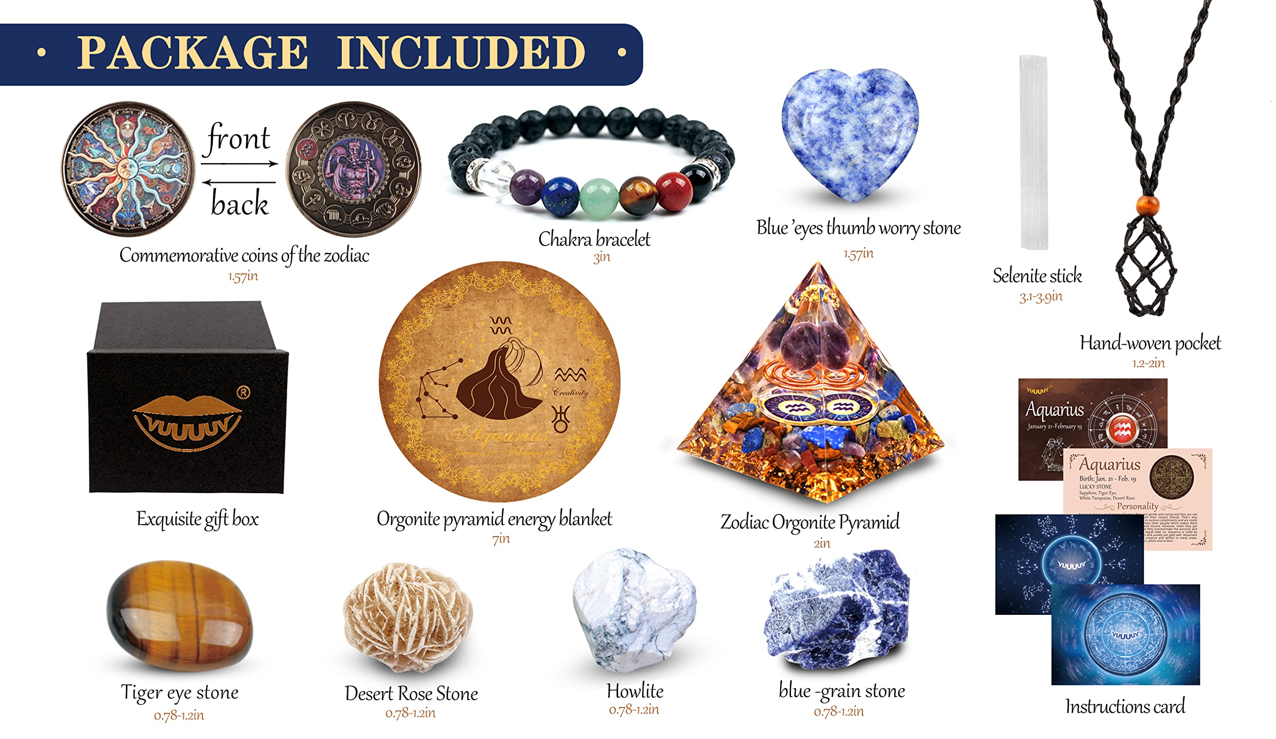Horoscope Orgone Pyramide ，Coffret de cristaux de guérison Aquarius ，Pierres du signe du zodiaque pour accompagner la pierre de naissance, pour l'astrologie ，Reiki，Générateur d'énergie, Méditation
