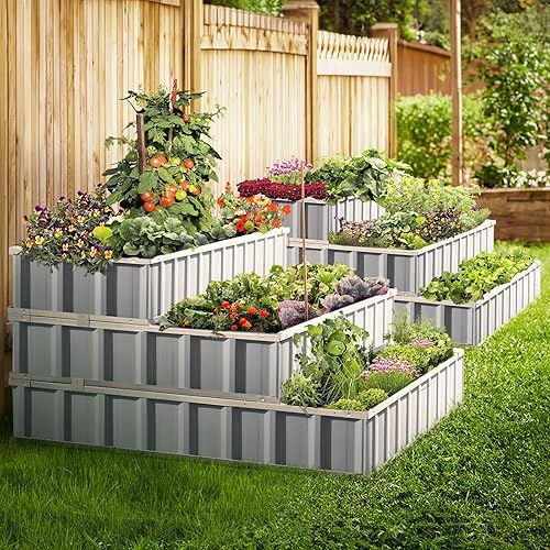 Miniatura 8 de KING BIRD Cama de jardín elevada de 3 niveles, marco desmontable de acero galvanizado de metal para patio, jardín, maceta elevada de 46 x 46 x 23.6