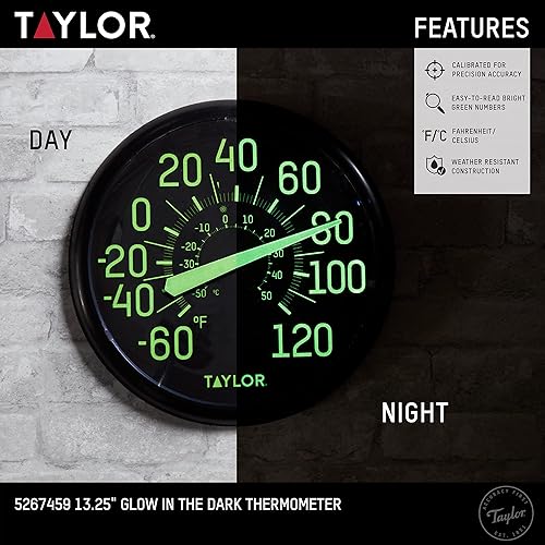 Miniatura 2 de Taylor Termómetro de pared interior que brilla en la oscuridad, 13.25 pulgadas, color negro