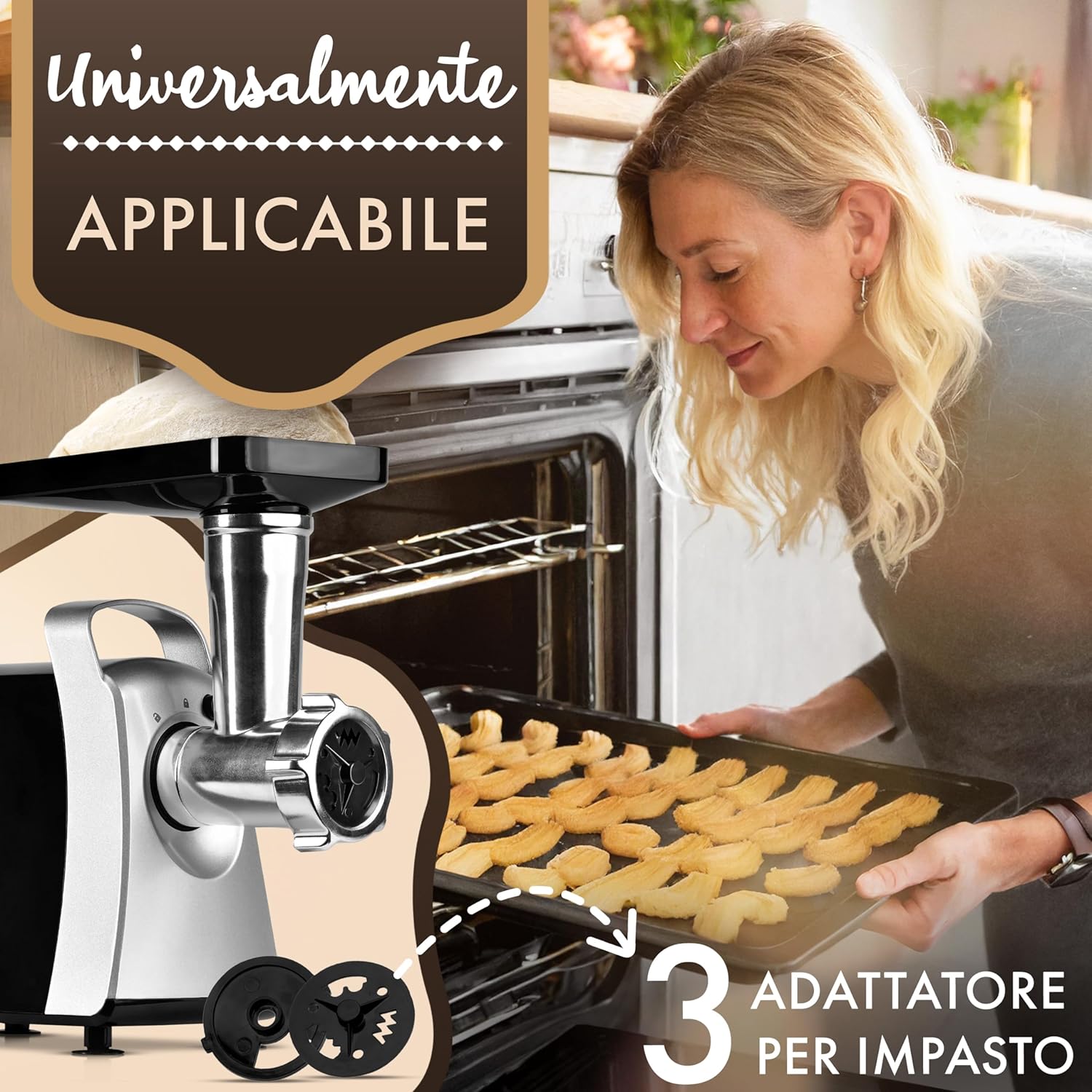 A person using the Clatronic FW 3803 Meat Grinder with the pastry attachment to make cookies, showing the versatility of the appliance.