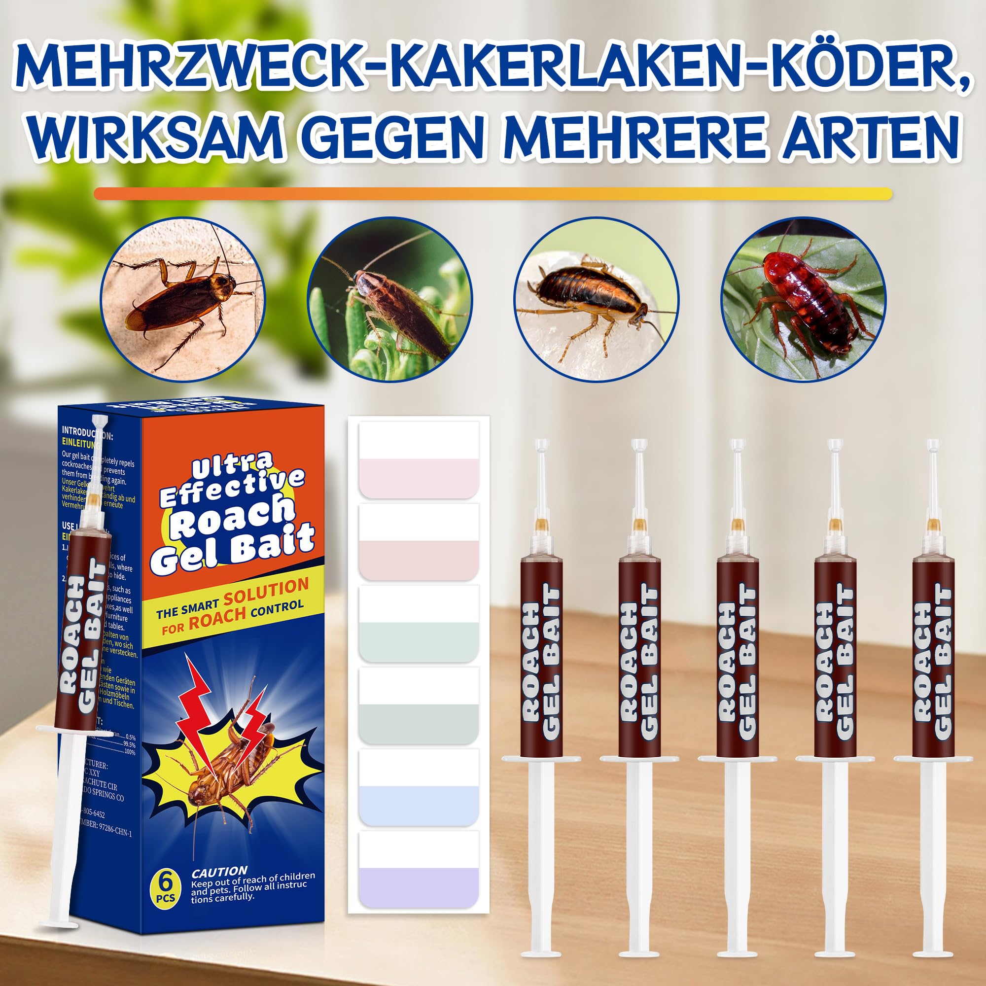 6 Stück Neues Upgrade Küche-Kakerlaken-Gel, Enthält 60 Aufkleber, für Küchen, Wohnzimmer und den Außenbereich(15 Gramm)