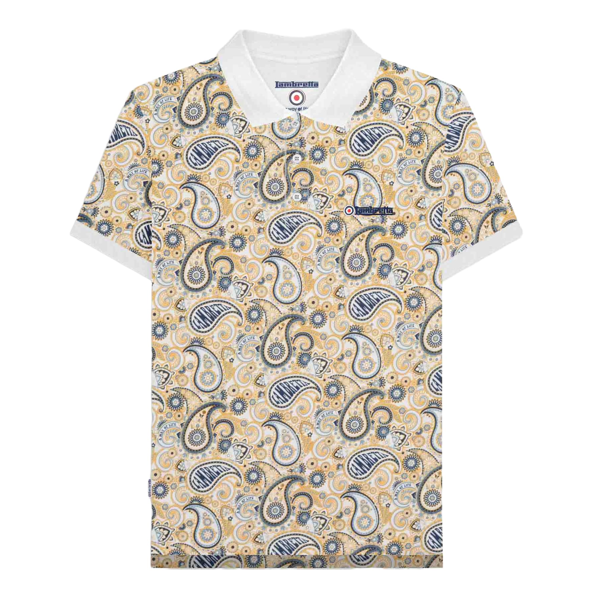 Lambretta Men's White/Navy Ss25 Paisley Branded Big & Tall Polo Shirt (5Xl) ()