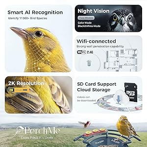 PerchMe Smart Bird Feeder with Camera, Solar Powered Bird Watching Camera for Outside, 2K HD Auto Capture Motion Detection with AI Identify, DIY Add-ons & Seed Scoop, A Ideal Gift