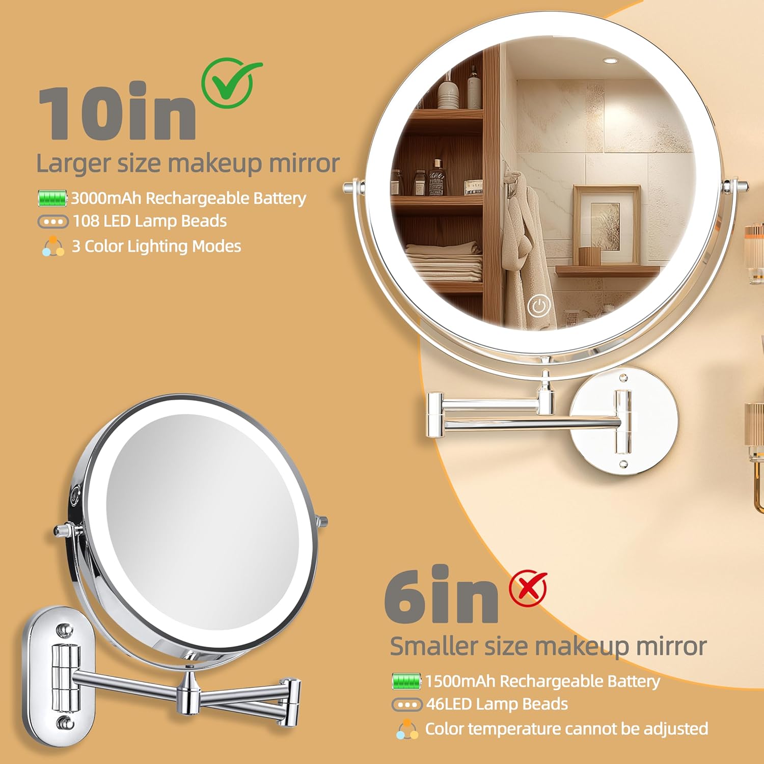 10" Wall Mounted Makeup Mirror with Light, 3000mAh Rechargeable Double Sided 1X / 7X Magnifying Vanity Mirror, 3 Color Lights Touch Dimmable 360° Rotation Bathroom Mirror, Chrome