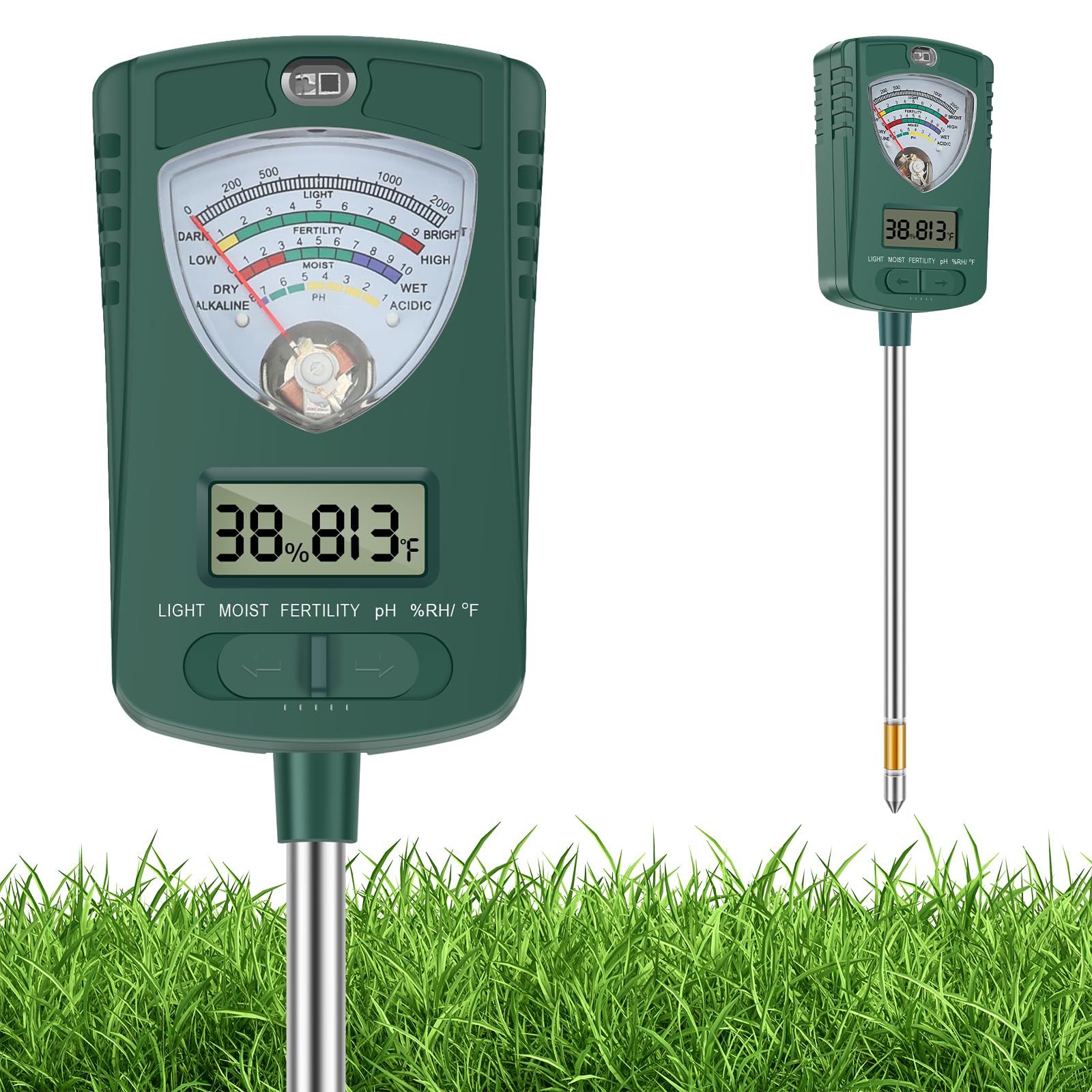 7 in 1 Soil Moisture Meter, Soil Tester Kit for Testing Moisture, pH, Fertility, Temperature, Ambient Light, Air Temp and Humidity, Soils Test Meter for Garden, Vegetable Plots, Lawn and Farm(Green)