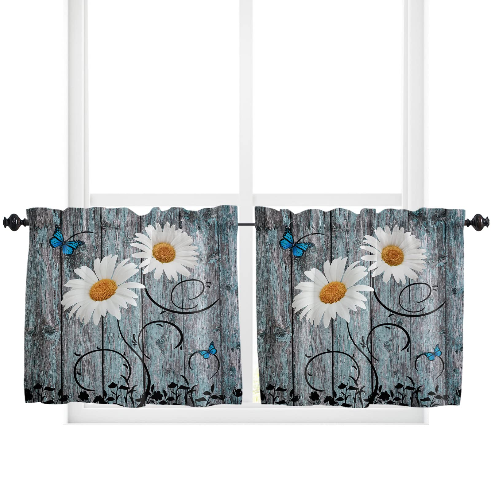 Window Curtain Panels Set of 2, Spring Daisy Floral Butterfly Rod Pocket Curtains Drapes for Living Room Kitchen Bathroom, Washable Window Treatment Valances, 27.5x24inch, Rustic Barn Wood