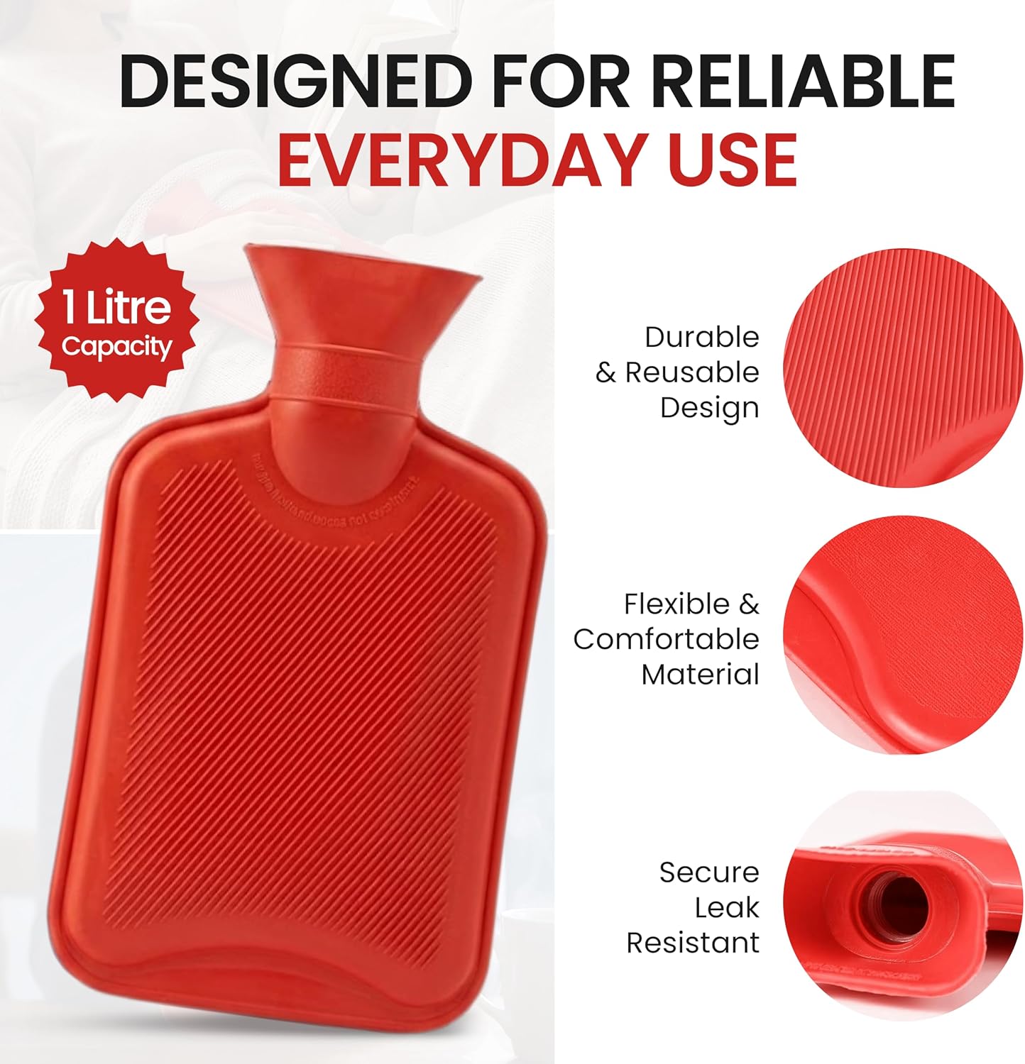 Hot Water Bottle 2 Pack, 1L Natural Rubber Leak Proof Hot and Cold Therapy Bags for Period Cramps, Neck and Shoulder Comfort, Pregnancy and Muscle Relief, Soft Ribbed Grip for Long Lasting Warmth