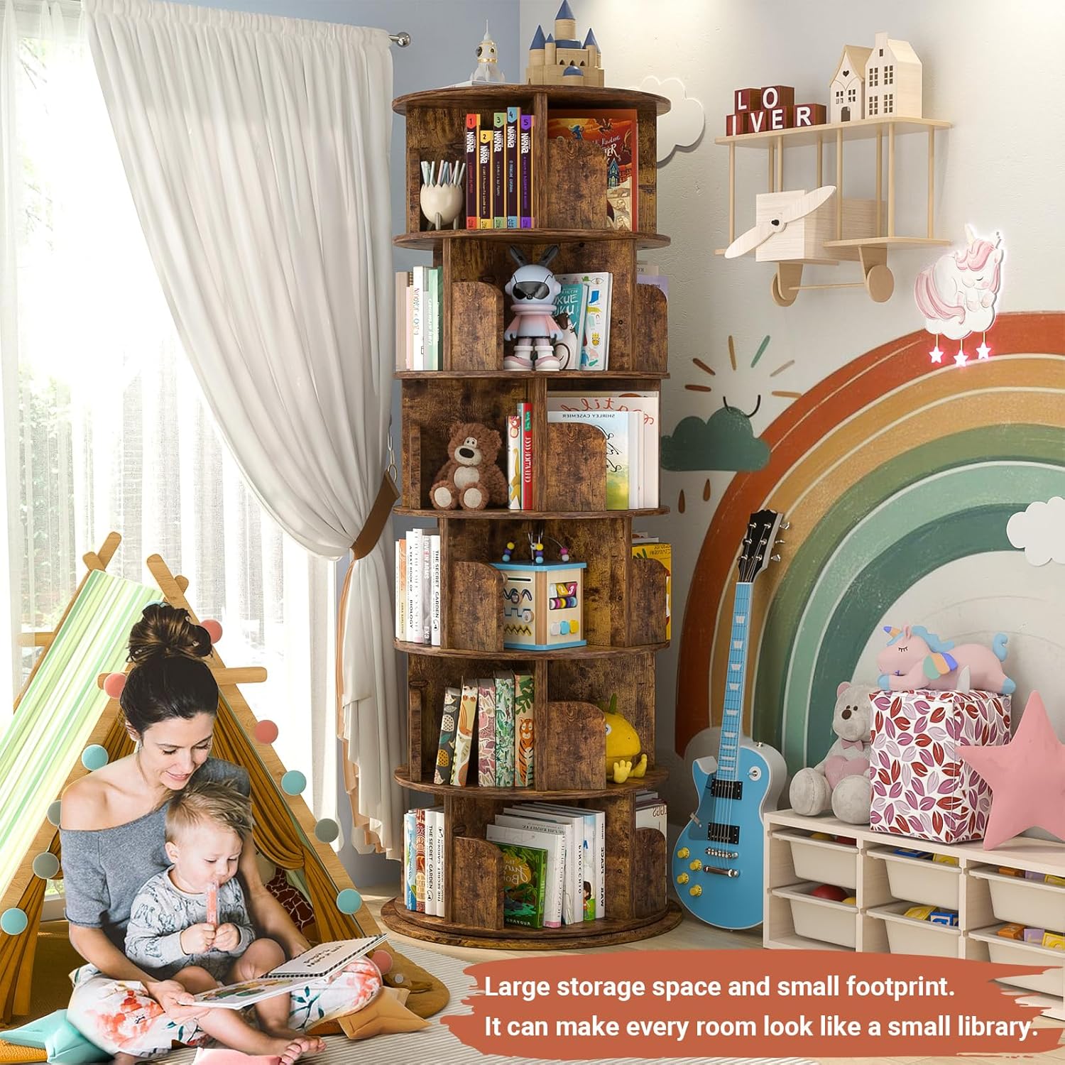 Besiost Rotating Bookshelf Tower, 6 Tier Spinning Bookcase, Revolving 360 Book Shelf Narrow Tall Bookcase, Vertical Turning Round Bookshelf Organizer, Corner Bookshelf for Small Space, Rustic Brown