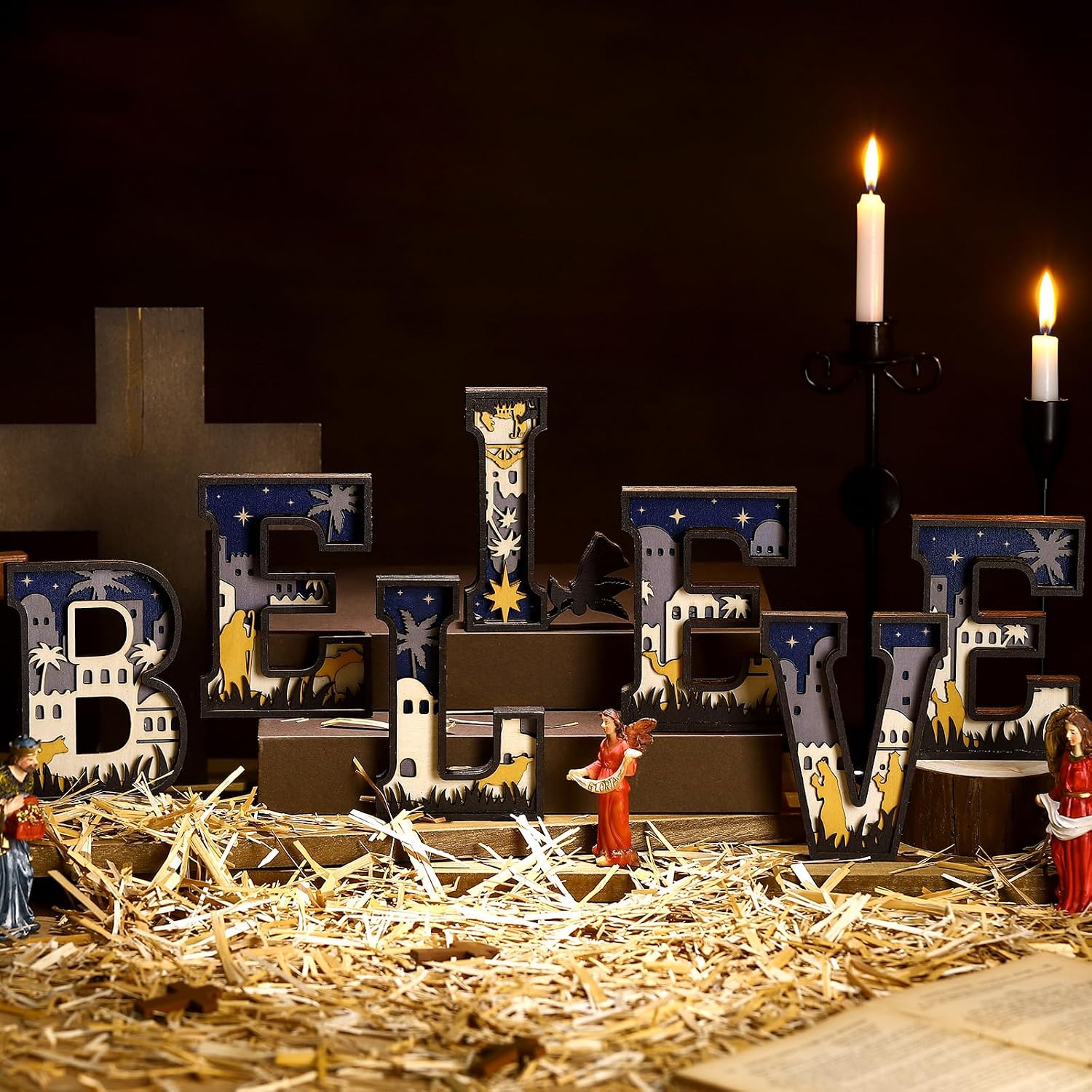 Large Christmas Wooden Nativity Set, 22 x 3.5 x 0.79 Inch Religious 3D Nativity Believe Letter Sign, Christmas Scene Indoor Ornament, Table Decorations for Mantle Bedroom Home Tabletop
