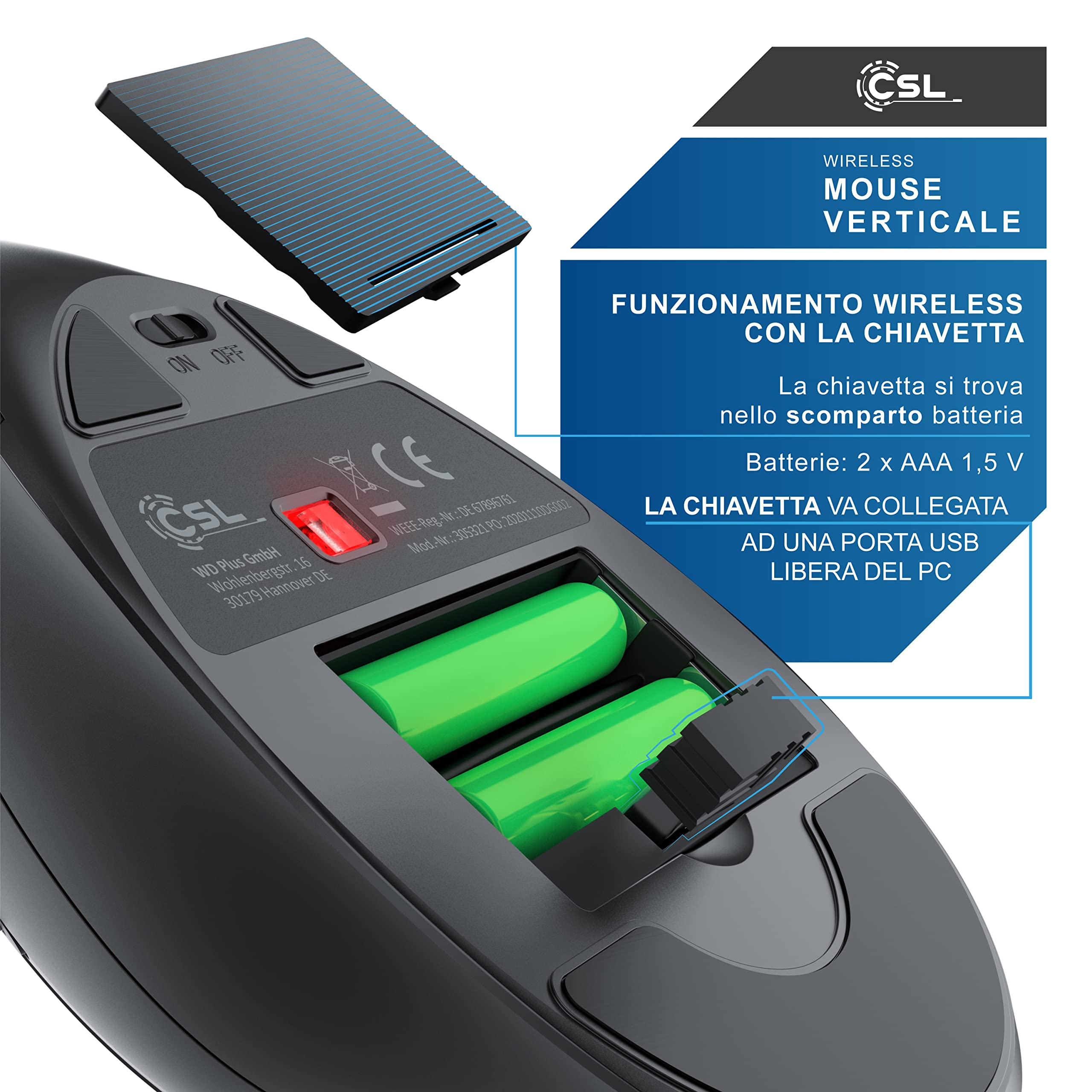 Mouse Verticale CSL Con Display OLED Programmabile – 2,4 GHz E Bluetooth, Pulsanti Personalizzabili, Batteria Ricaricabile, 1200-2400 Dpi