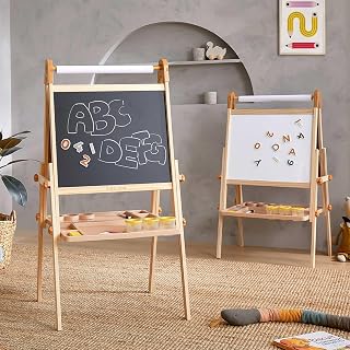 TinyLand Double-Sided Magnetic Kids Art Easel - Adjustable Wooden Easel with Paper Roll for Ages 3-8 Boys & Girls