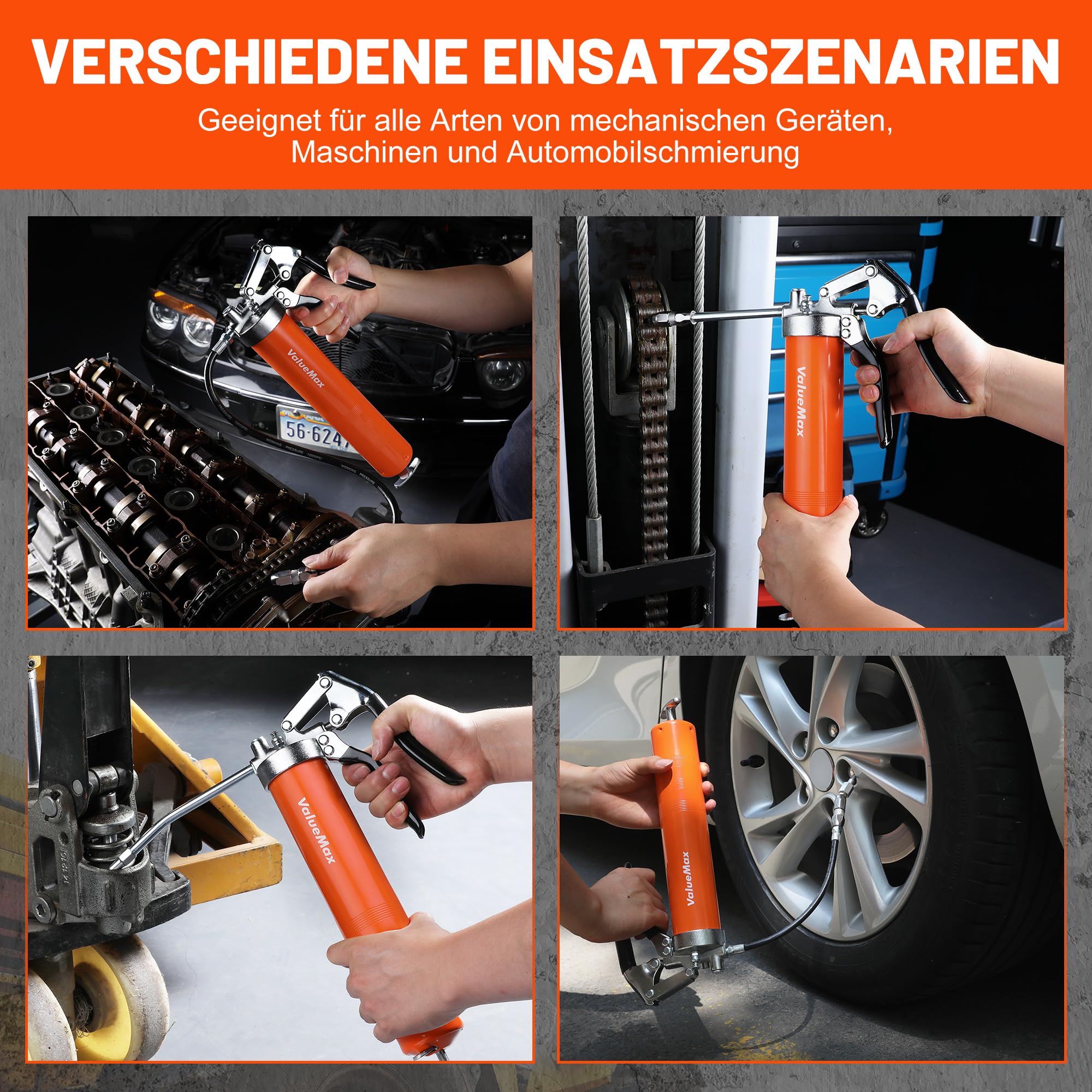 ValueMax Fettpresse 6000 PSI, Hochdruck-Handfettpresse mit 24/45 cm flexiblem Schlauch, Fettpresse für 400 ml Kartusche, inklusive 2 Metallrohre (11/14,5 cm) und 5 Düsen