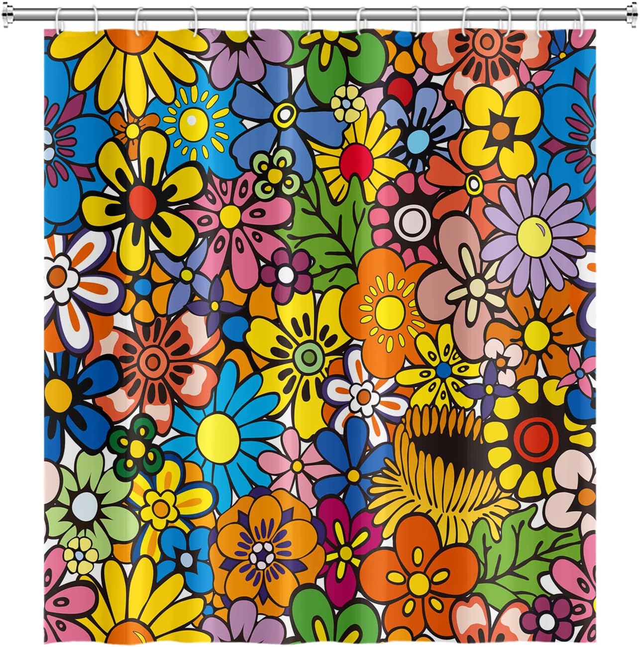 Bohemia Colorful Flowers Bathroom Shower Curtain Funky Retro Hippie 60s 70s Aesthetic Washable Polyester Durable Fabric Home Shower Curtain with Hooks, 72x84 Inch
