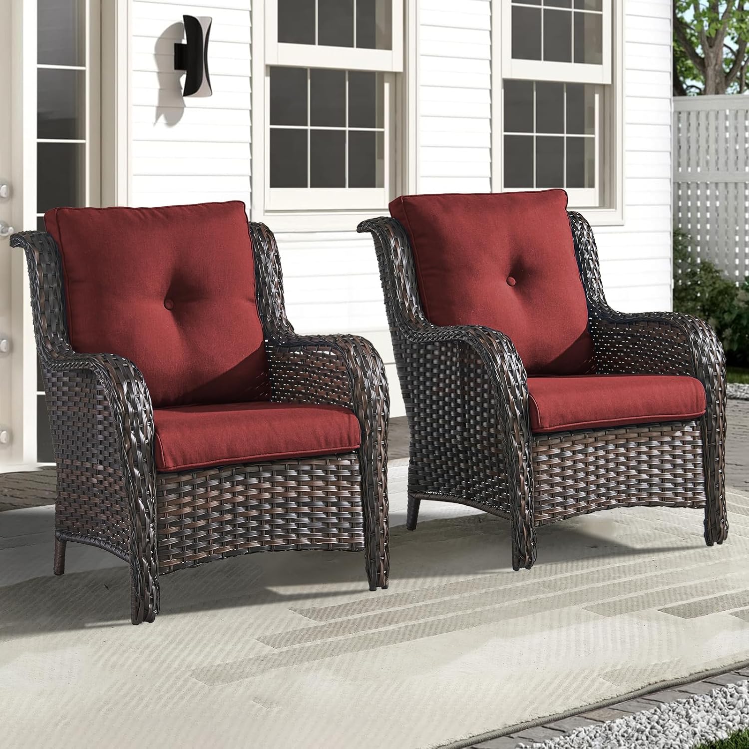 Outdoor Wicker Chair Rattan Patio Dining Chairs Set of 2 PE Wicker Patio Chairs with 4inch Seat Cushions Outdoor Patio Seating Chair for Garden, Backyard Deck