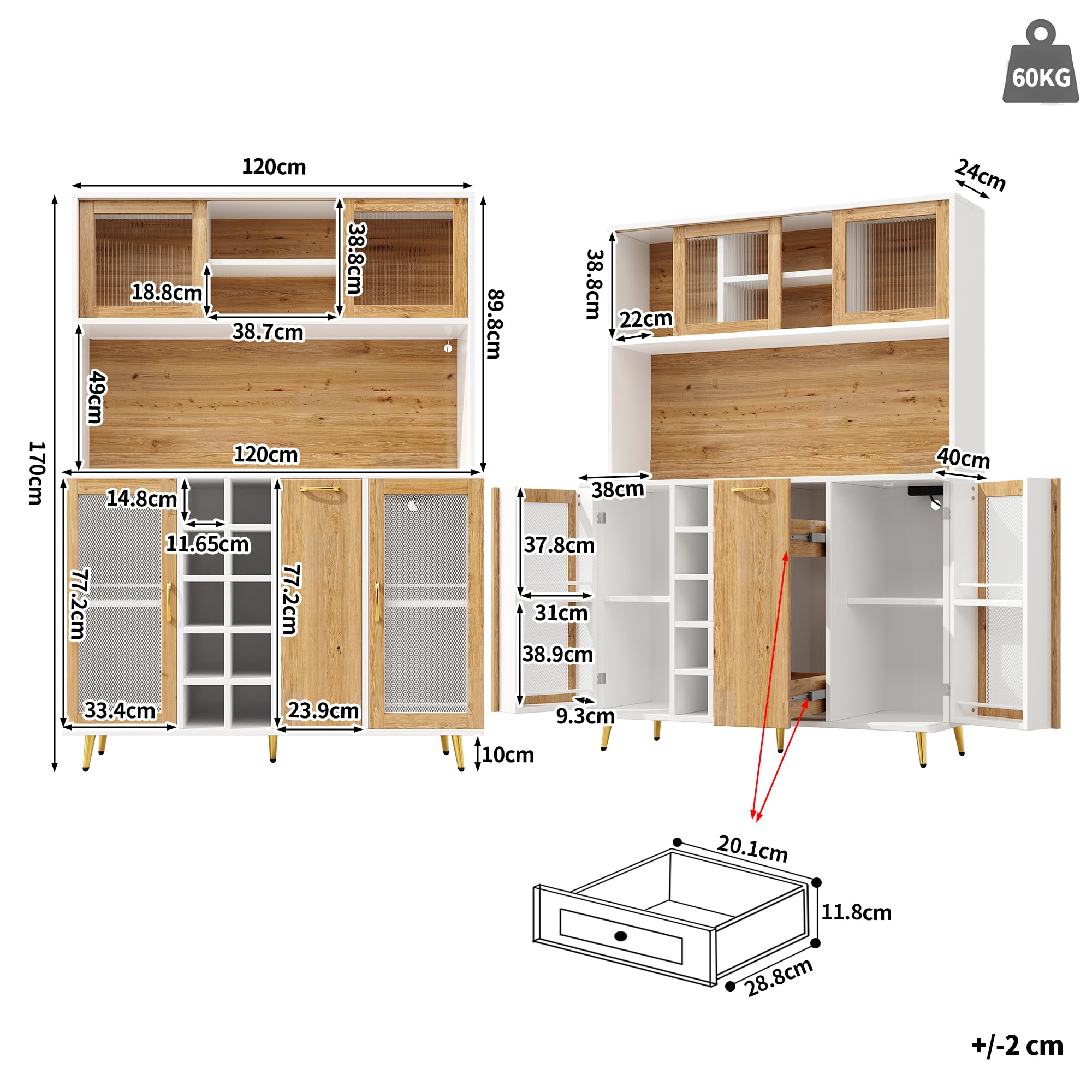 Multifunktions-Küchenschrank mit LED-Beleuchtung und Integrierte Steckdose, Hochschrank mit Weinregal und Snackregal, Buffetschrank mit 5 Türen und Offene Regale, Weiß-C, 120x40x170 cm