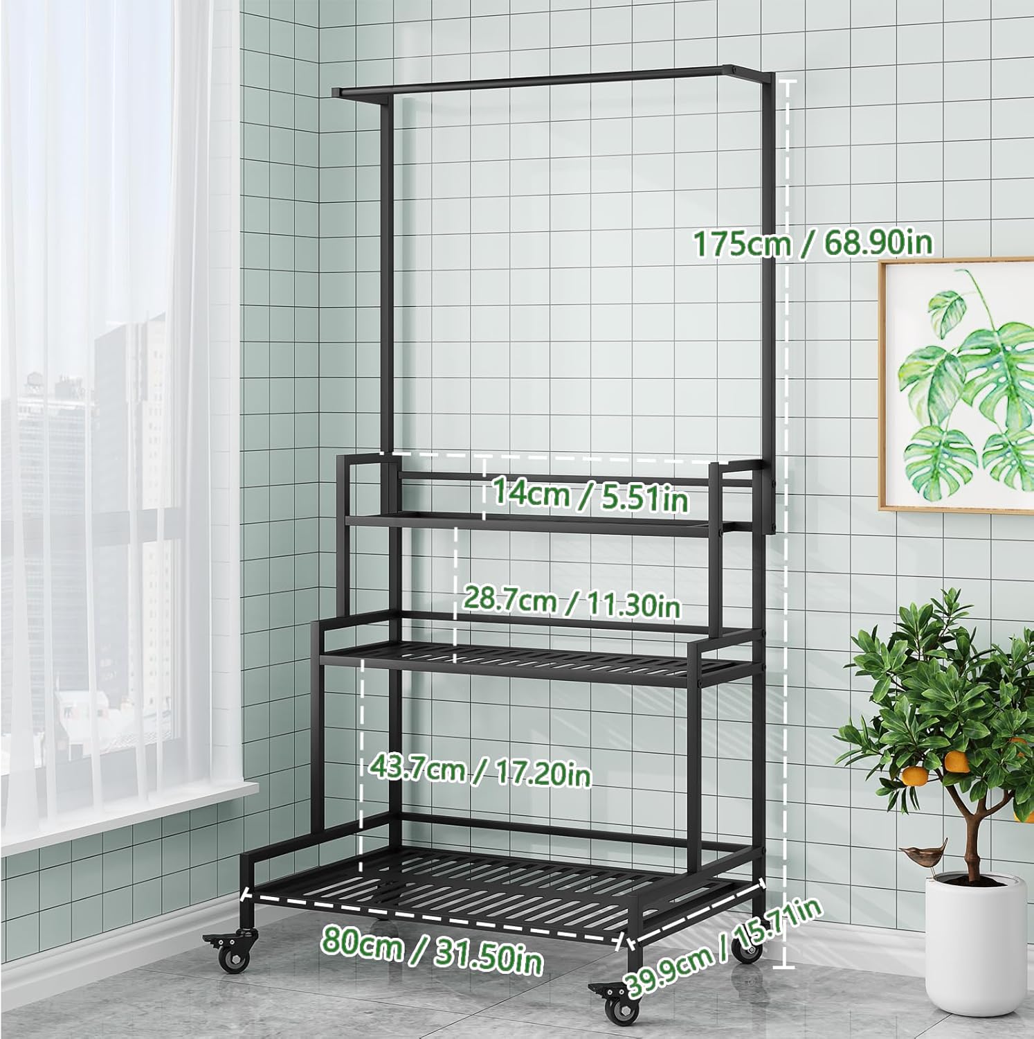 YIZAJIA Plant Stand Indoor 3 Tier Metal Outdoor Tiered Stands Shelf With wheel for Multiple Plants Potted Ladder Plant Holder Table Plant Pot Stand for Window Garden Balcony Living Room (3 Tier-Black with Hanger)