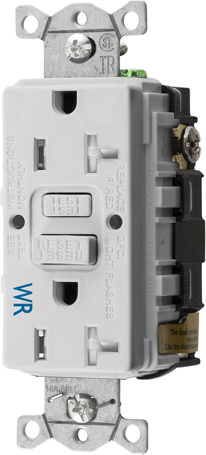 Bryant Electric GFWRST20W 20 Amp 125V Commercial/Residential Self Test Weather Resistant Duplex GFCI Receptacle, White