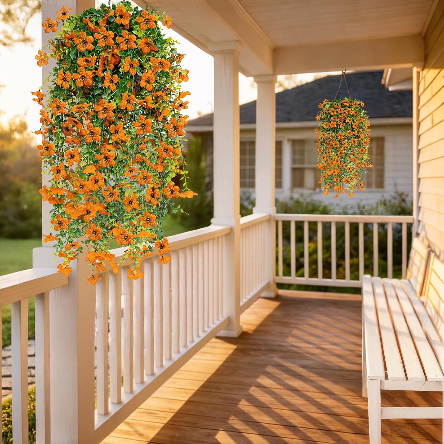 Artificial Hanging Flowers for Outdoors UV Resistant Fake Flowers Realistic Silk Faux Spring Hanging Flower for Patio Porch Garden Yard Fence Wall Decor(Orange, 6 Pack)