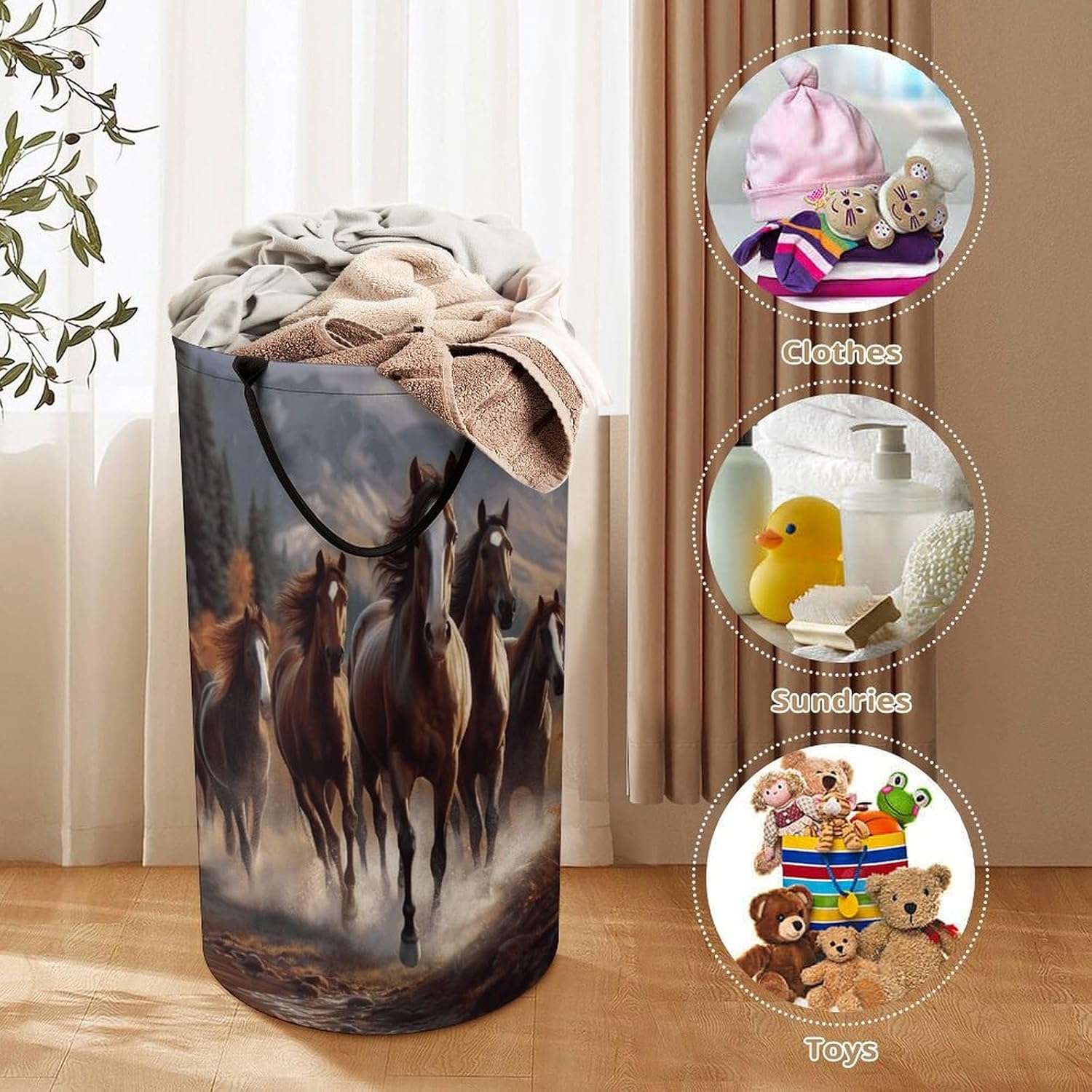 Horses Laundry Hamper with Handles Waterproof Collapsible Laundry Basket Large Lightweight Round Dirty Clothes Hamper for Home Dorm Bathroom Decor