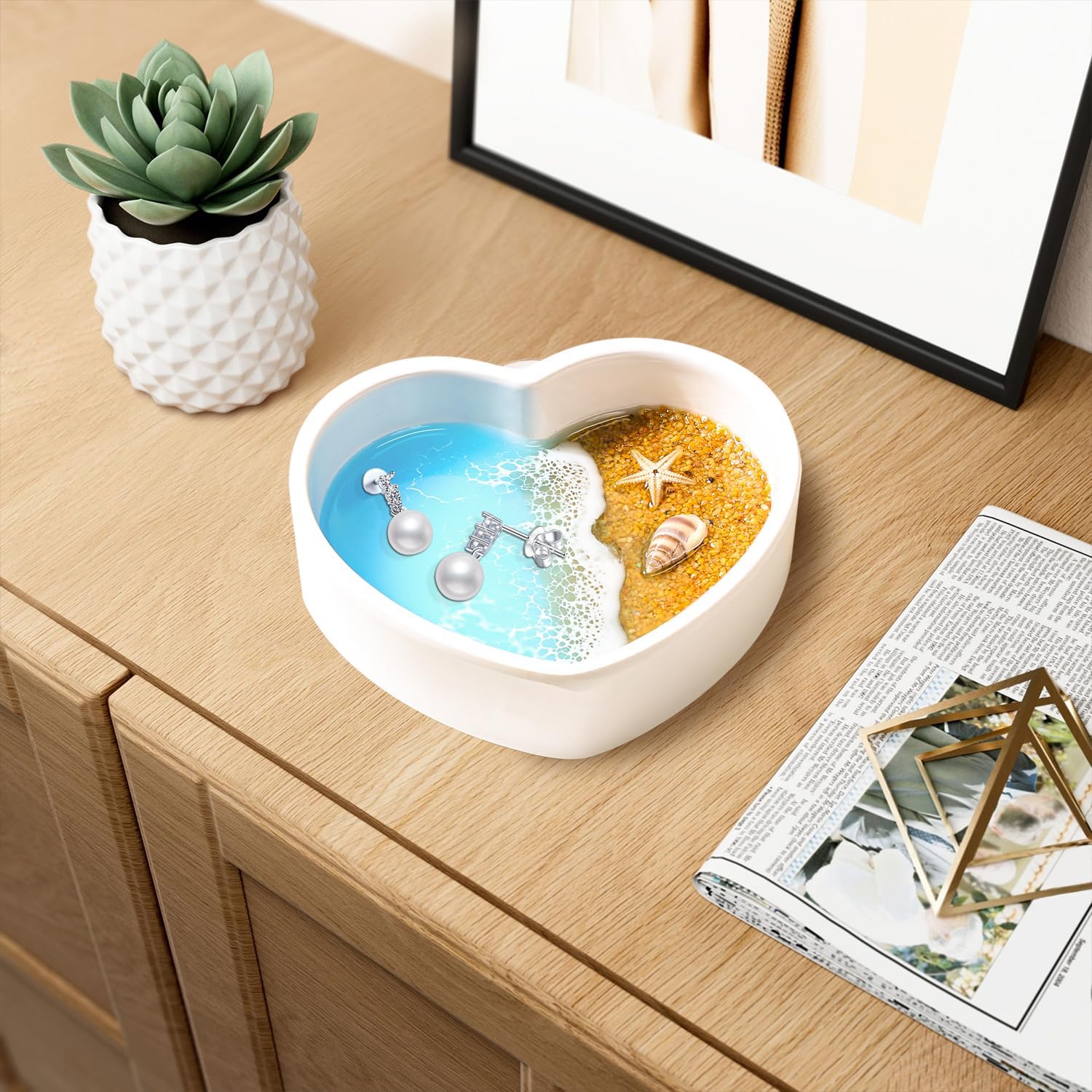 Ocean Resin Jewelry Dish,Handmade Coastal Decor Trinket Tray for Rings Earrings Necklaces Bracelet Watch Keys,Birthday Engagement Gifts for Women,Mother's Day Valentine's Day Gifts for Her - Image 5