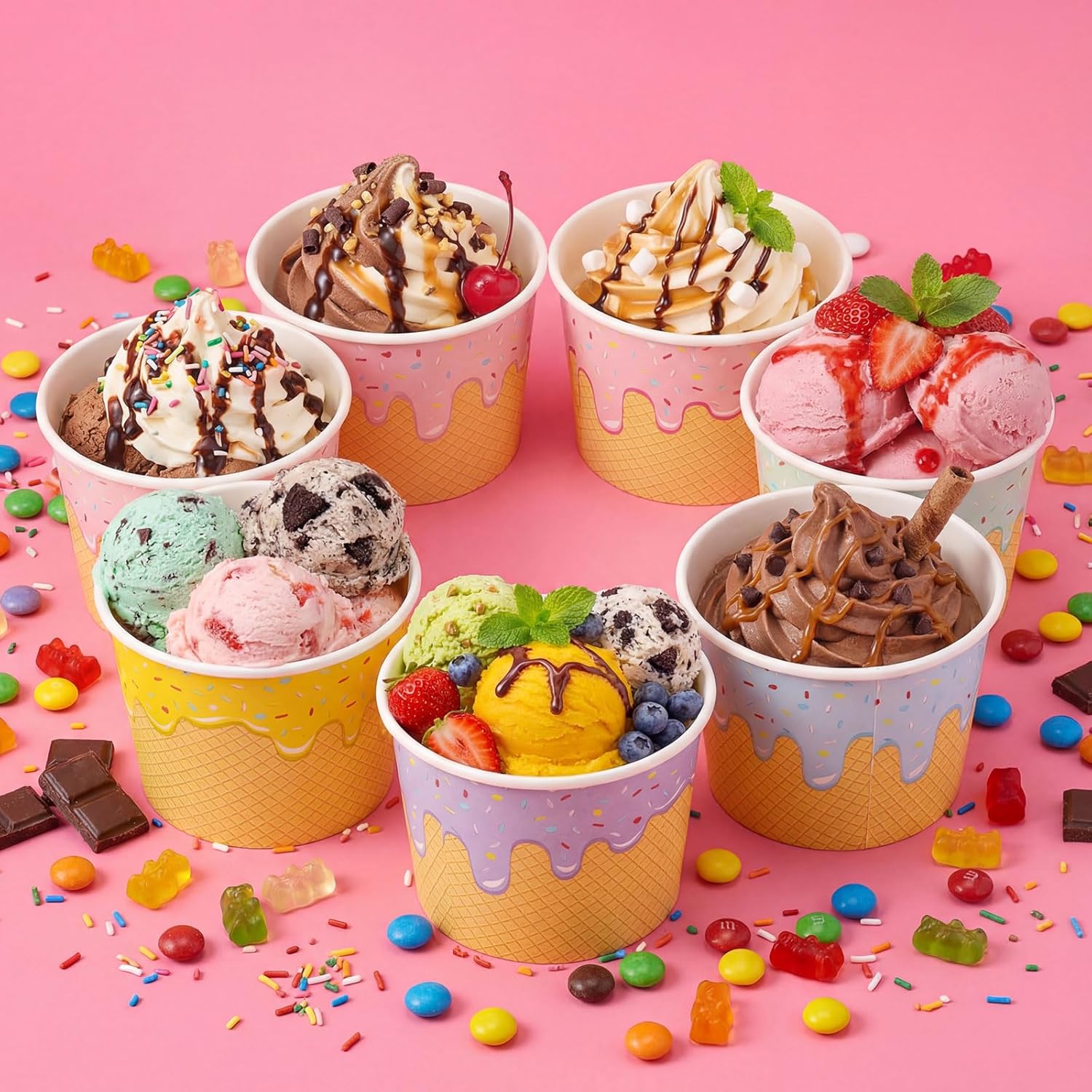 Jingmore 240 Pcs Ice Cream Bowls Paper Ice Cream Cups 4/6/8 oz Containers Bulk 6 Colors Disposable Sundae Bowls for Dessert Frozen Yogurt Birthday Summer Baby Shower Party Bar Supplies (6 oz)
