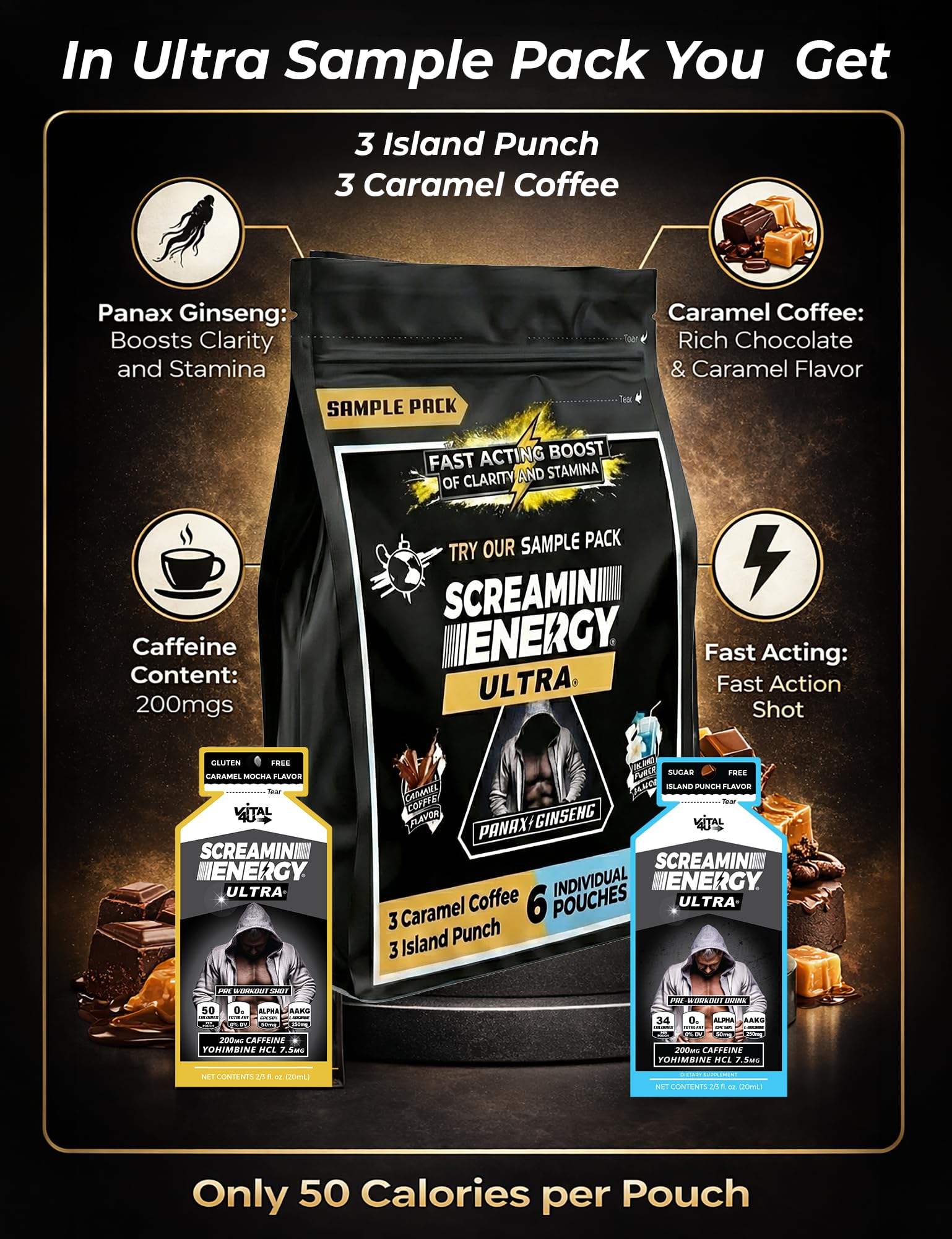 Screamin Energy Ultra Sample Pack, 6 Energy Shot Pouches | Caramel Mocha and Island Punch Flavors | Caffeine with Panax Ginseng and B Vitamins — Amazon image 7