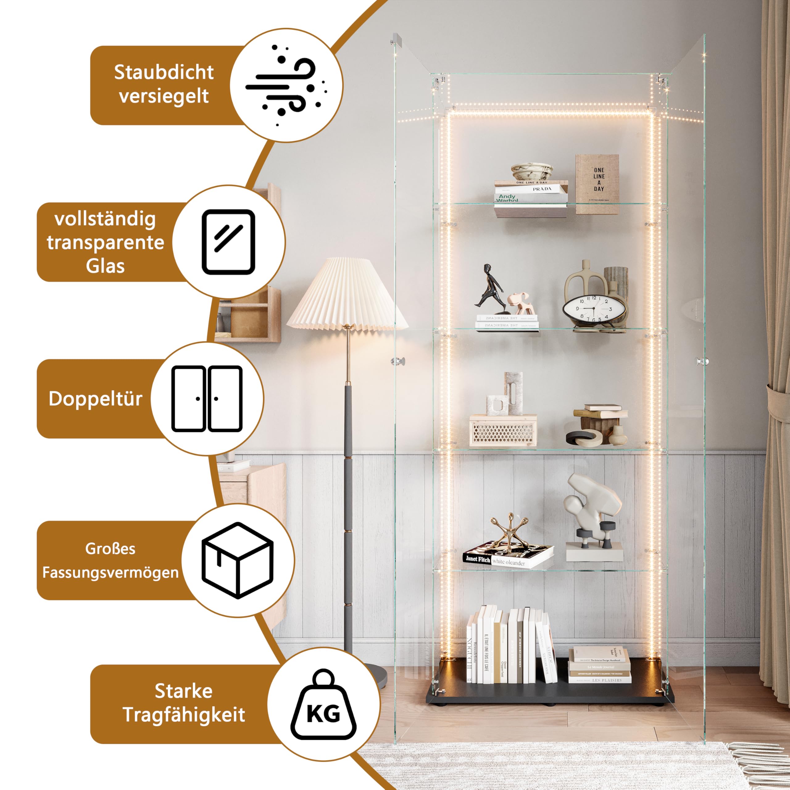 Vitrine en Verre avec LED,Armoire vitrine pour Collection avec 2 Porte 5 étagères Transparent Meuble Vitrine Verre vitrines Figurine Armoire Salon Bar (5 étages 2 Porte+LED-1, Noir)
